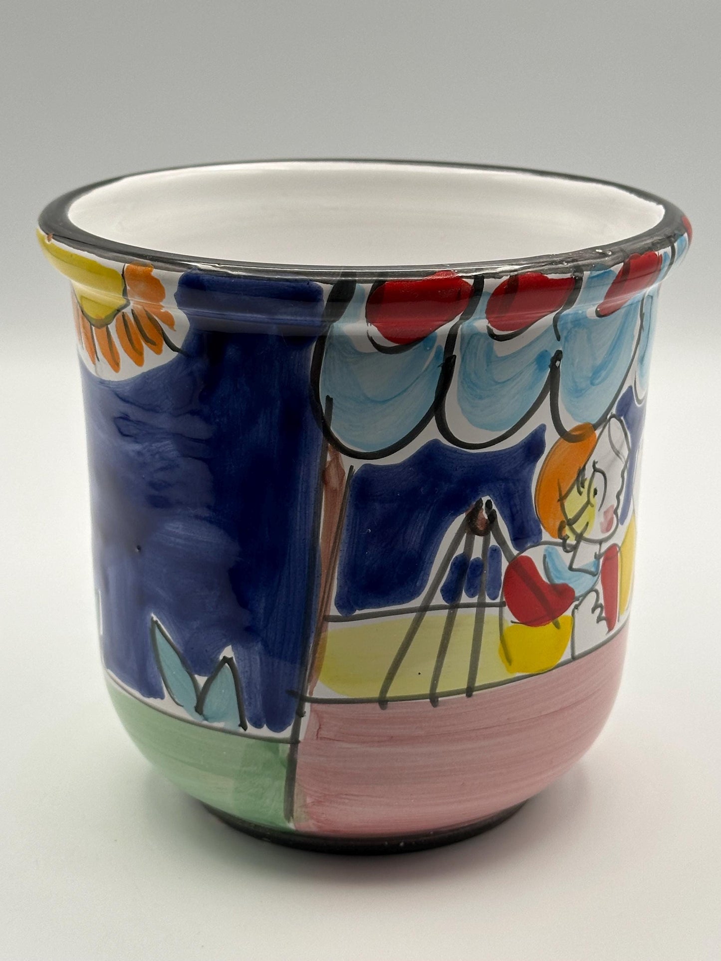 Vintage La Musa Italian Ceramic Utensil Holder Planter | Hand-Painted Folk Art Pot Made Italy 1970s Colorful Kitchen Decor