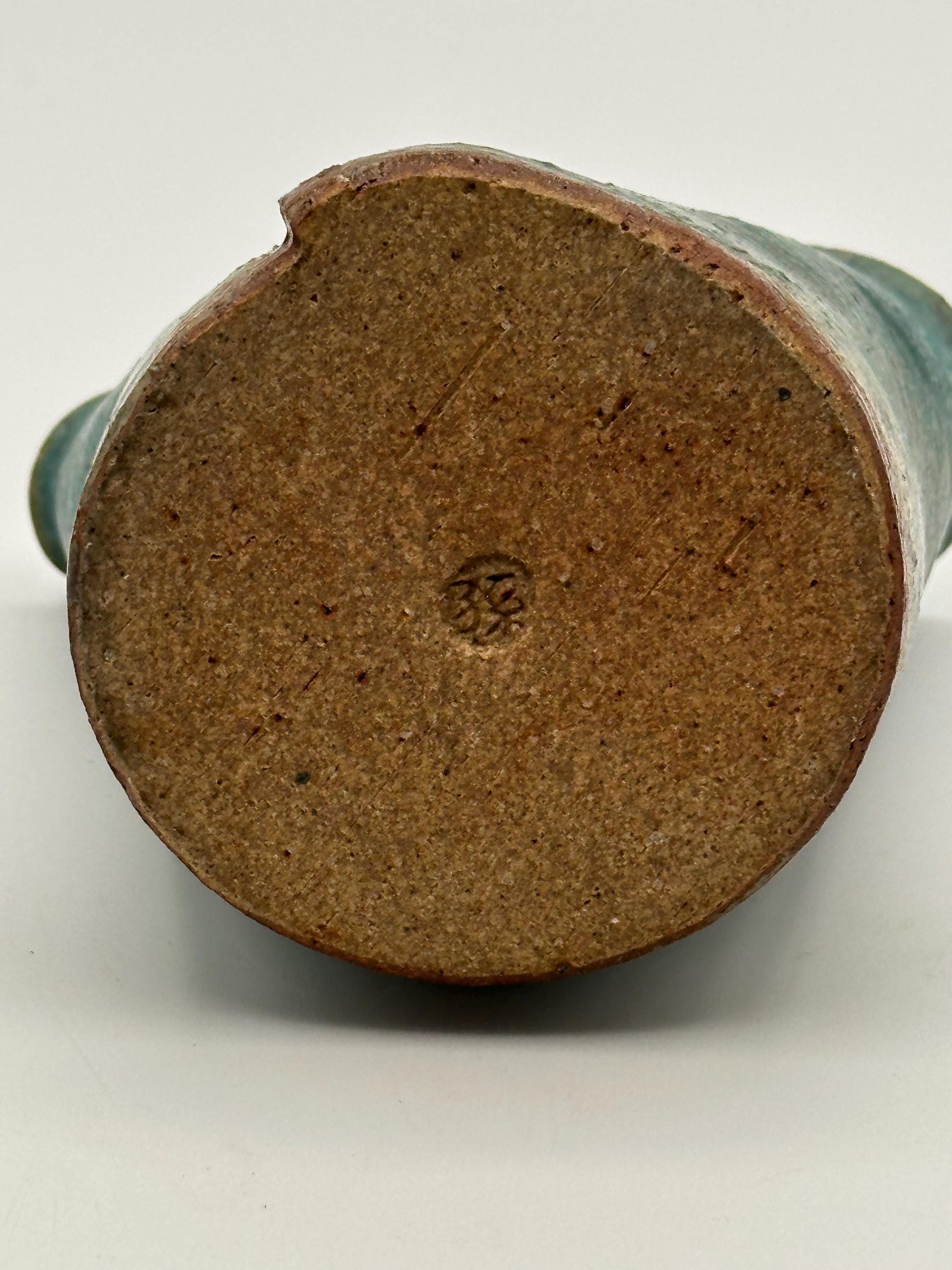 Artist Signed Studio Pottery Vase 4.5" Handmade Ceramic Small Decorative Vessel Rustic Green Blue Glaze