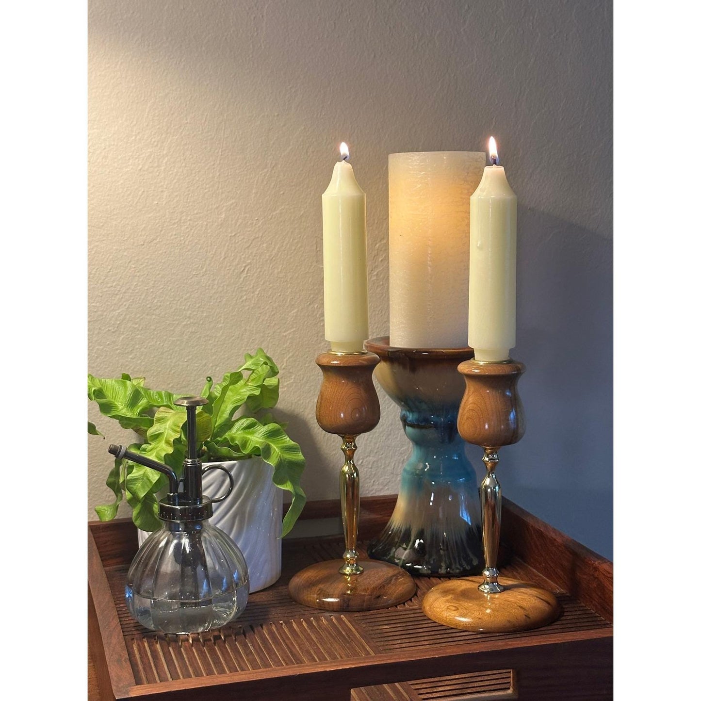 Vintage Myrtlewood Candlestick Holder Pair - Mid Century Modern Home Decor Wood Candle Stands Rustic Boho Dining Table Accent