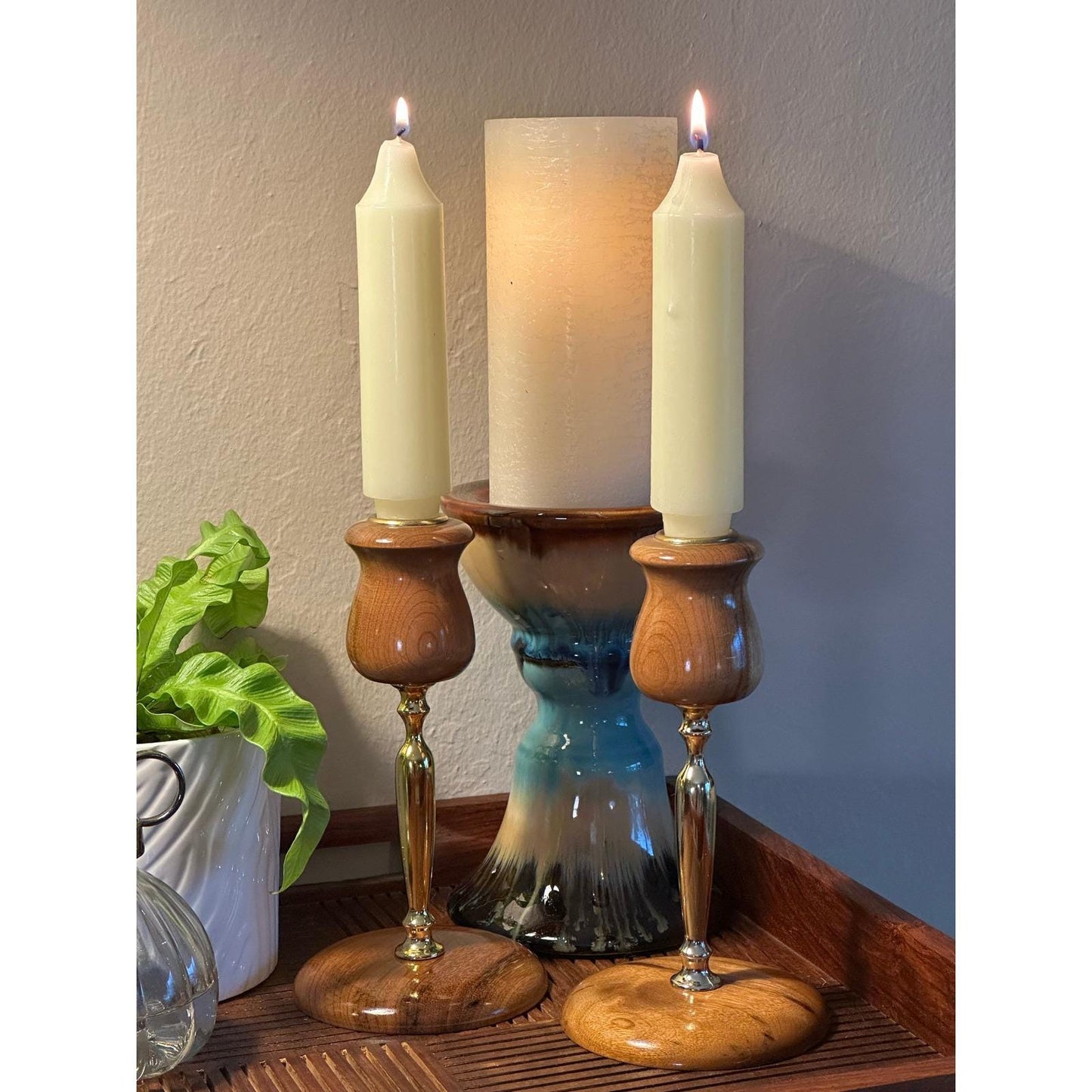 Vintage Myrtlewood Candlestick Holder Pair - Mid Century Modern Home Decor Wood Candle Stands Rustic Boho Dining Table Accent