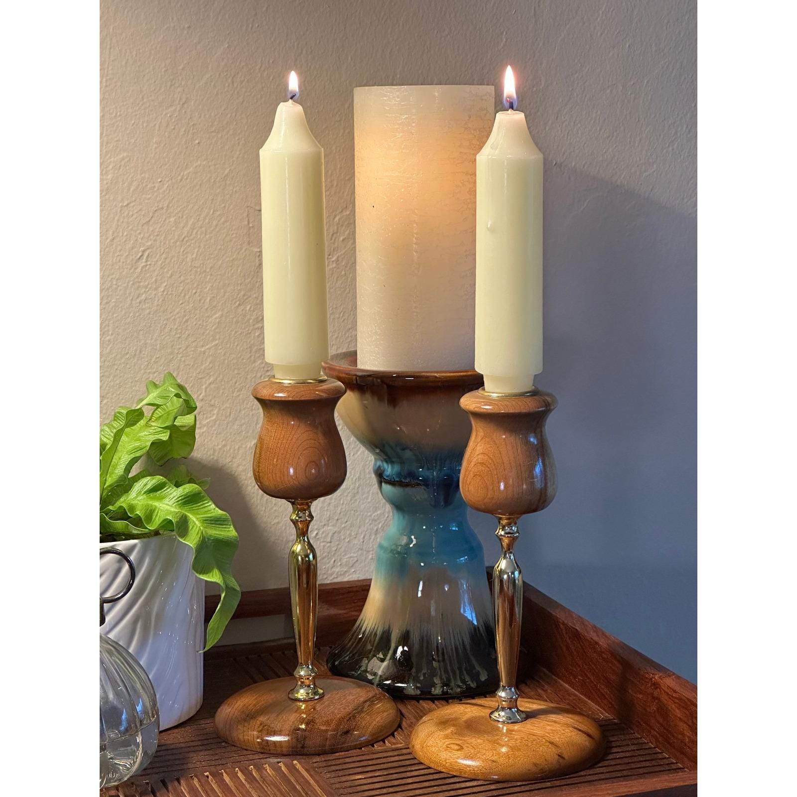 Vintage Myrtlewood Candlestick Holder Pair - Mid Century Modern Home Decor Wood Candle Stands Rustic Boho Dining Table Accent