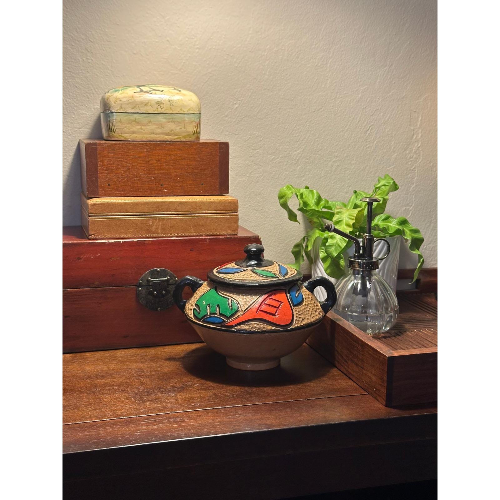 Handmade Mexican Lidded Pottery Vessel - Hand-Painted Folk Art Ceramic Jar with Cover