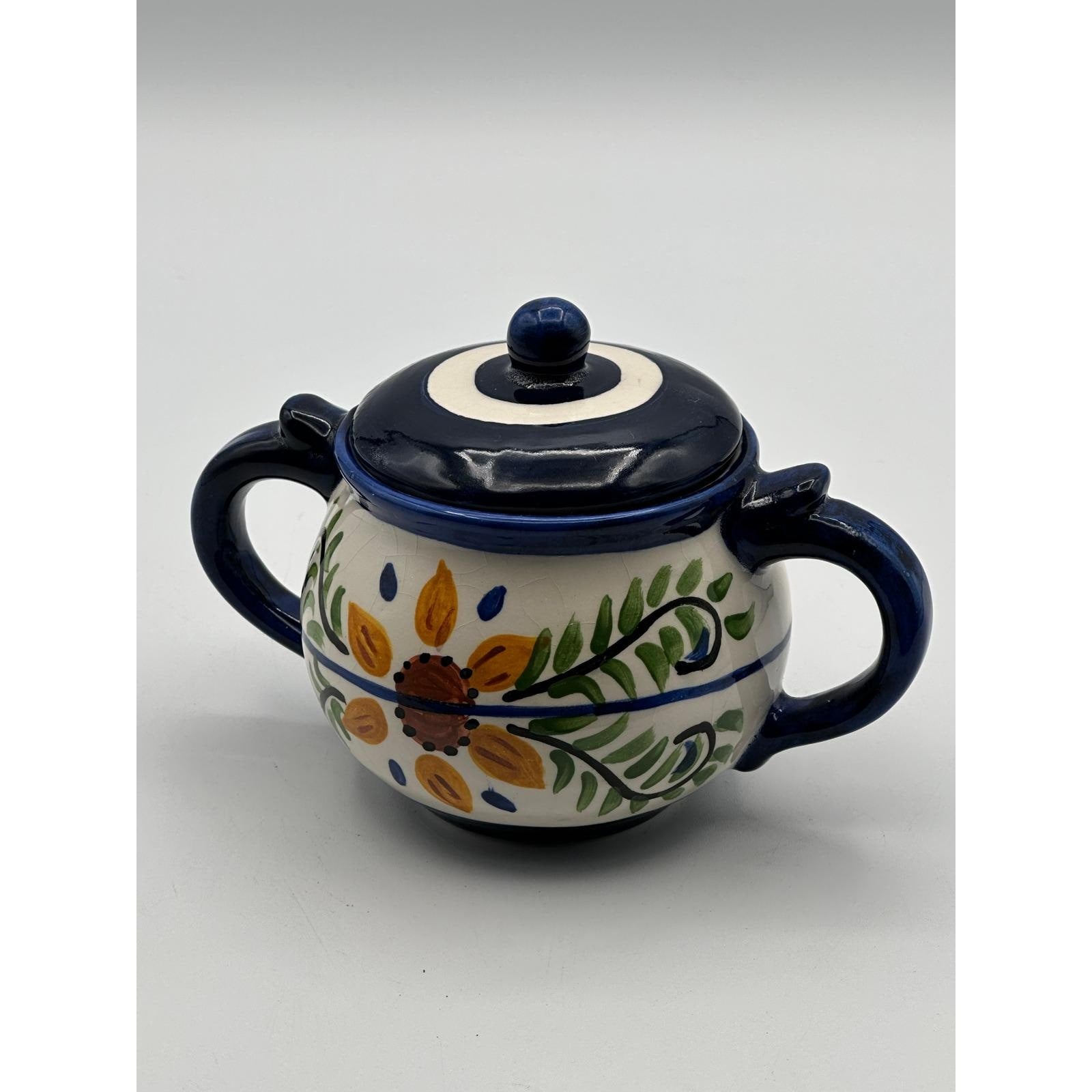 Hand-Painted El Salvador Pottery Sugar Bowl with Lid - Signed El Carte Ceramic Kitchenware
