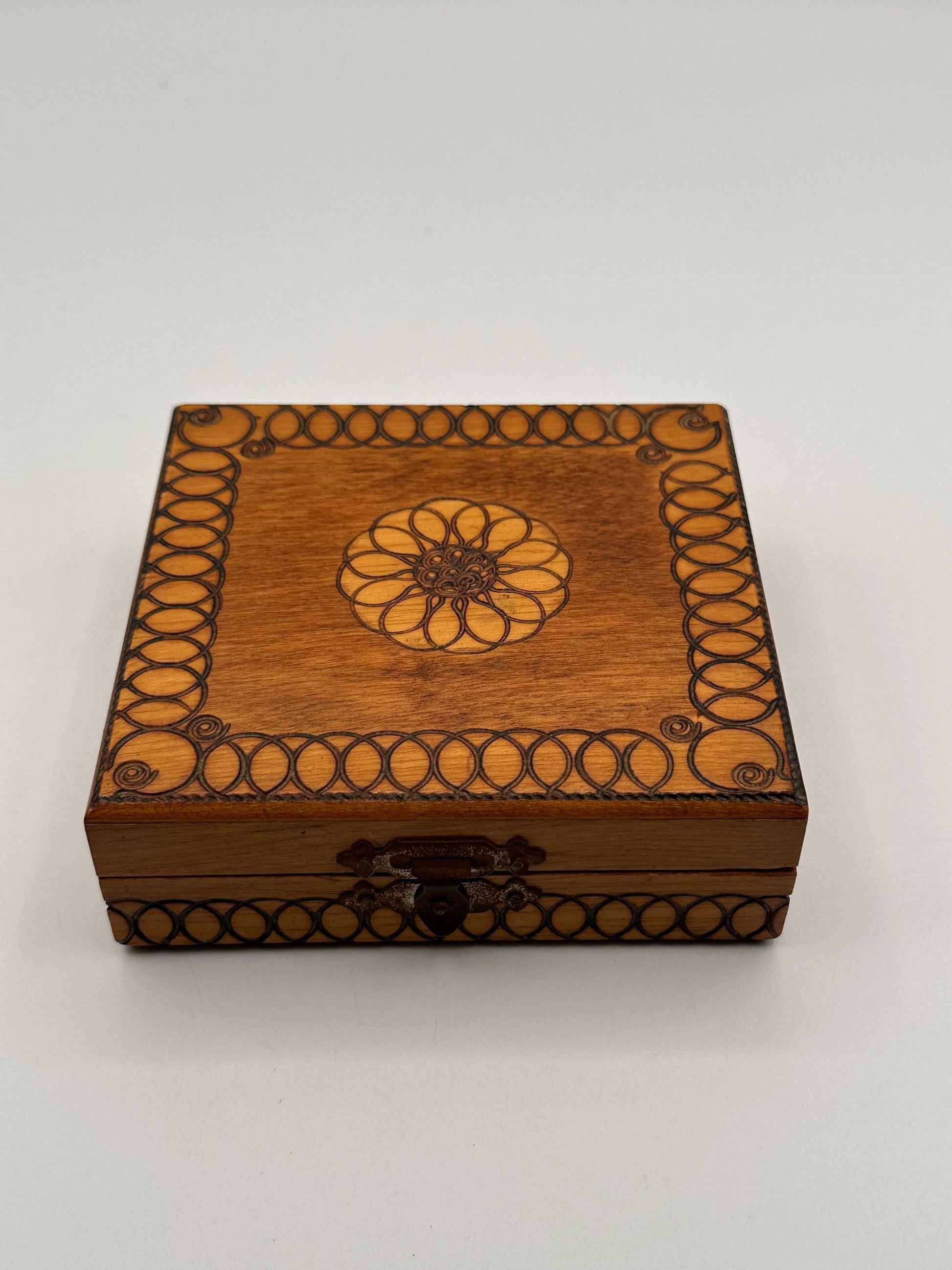 Vintage Hand Burned Pyrography Jewelry Box | Small Wooden Trinket Keepsake Storage with Decorative Design
