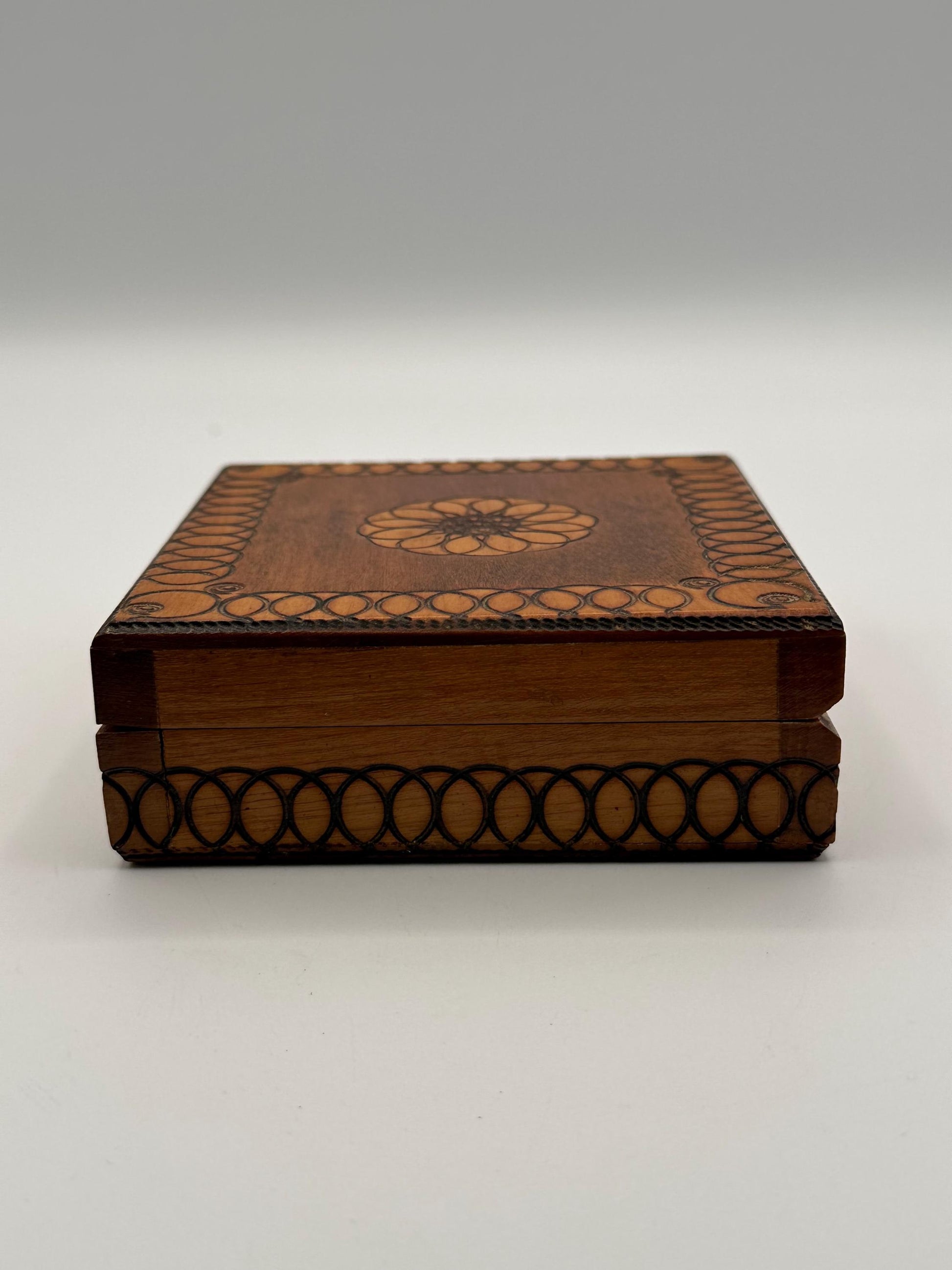 Vintage Hand Burned Pyrography Jewelry Box | Small Wooden Trinket Keepsake Storage with Decorative Design