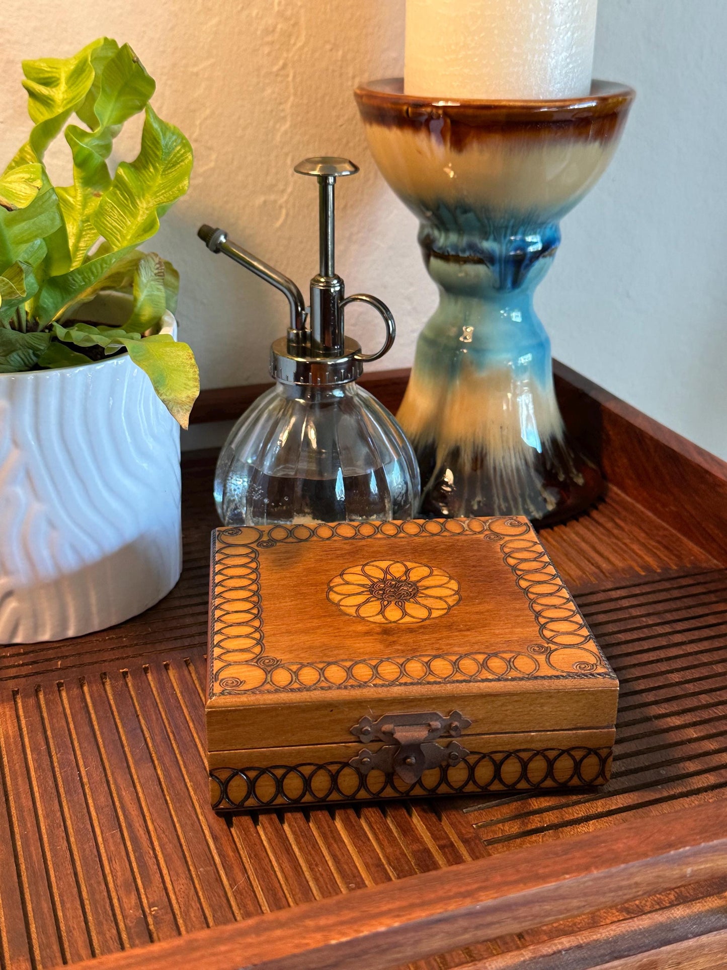 Vintage Hand Burned Pyrography Jewelry Box | Small Wooden Trinket Keepsake Storage with Decorative Design