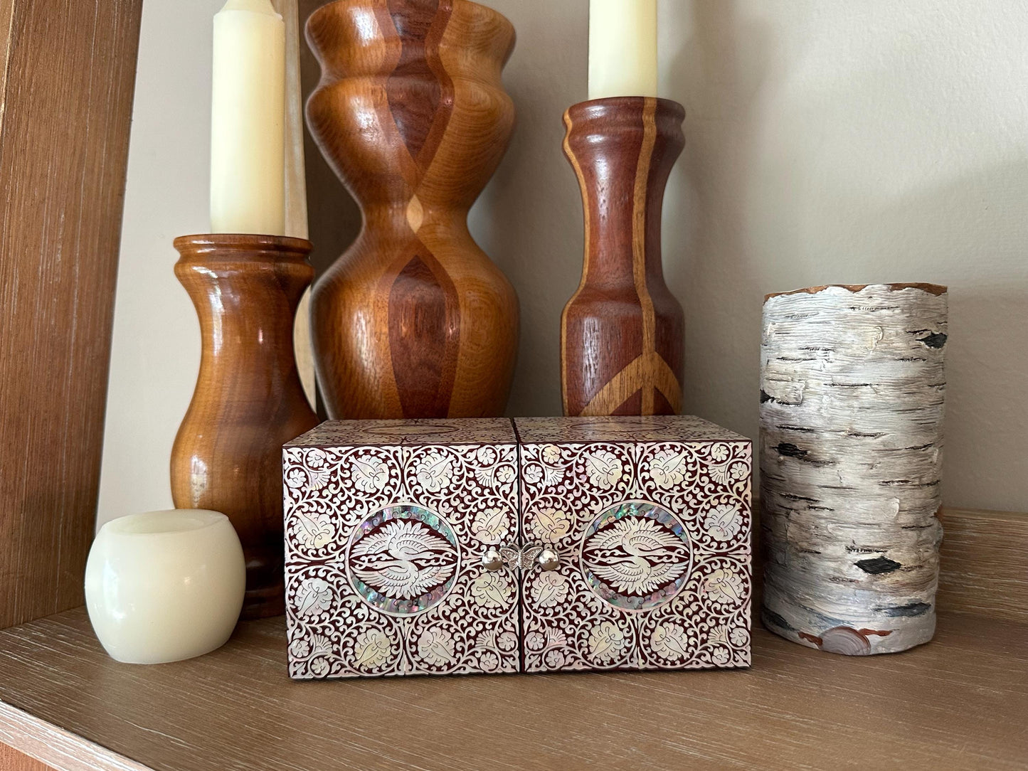 Mother of Pearl Inlay Jewelry Box | Ornate Lacquered Storage Chest | Abalone Asian Vintage Decorative Decor