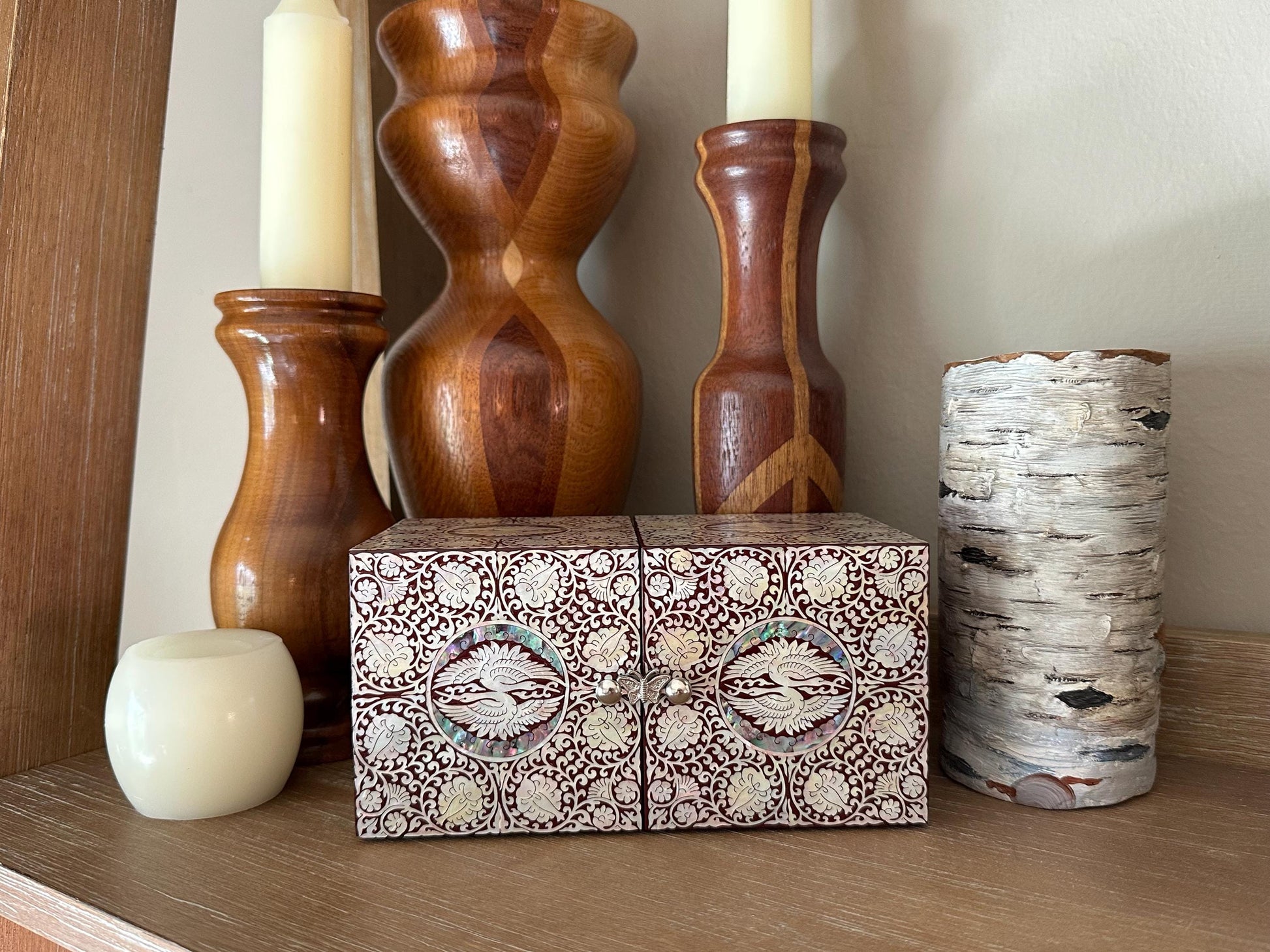 Mother of Pearl Inlay Jewelry Box | Ornate Lacquered Storage Chest | Abalone Asian Vintage Decorative Decor