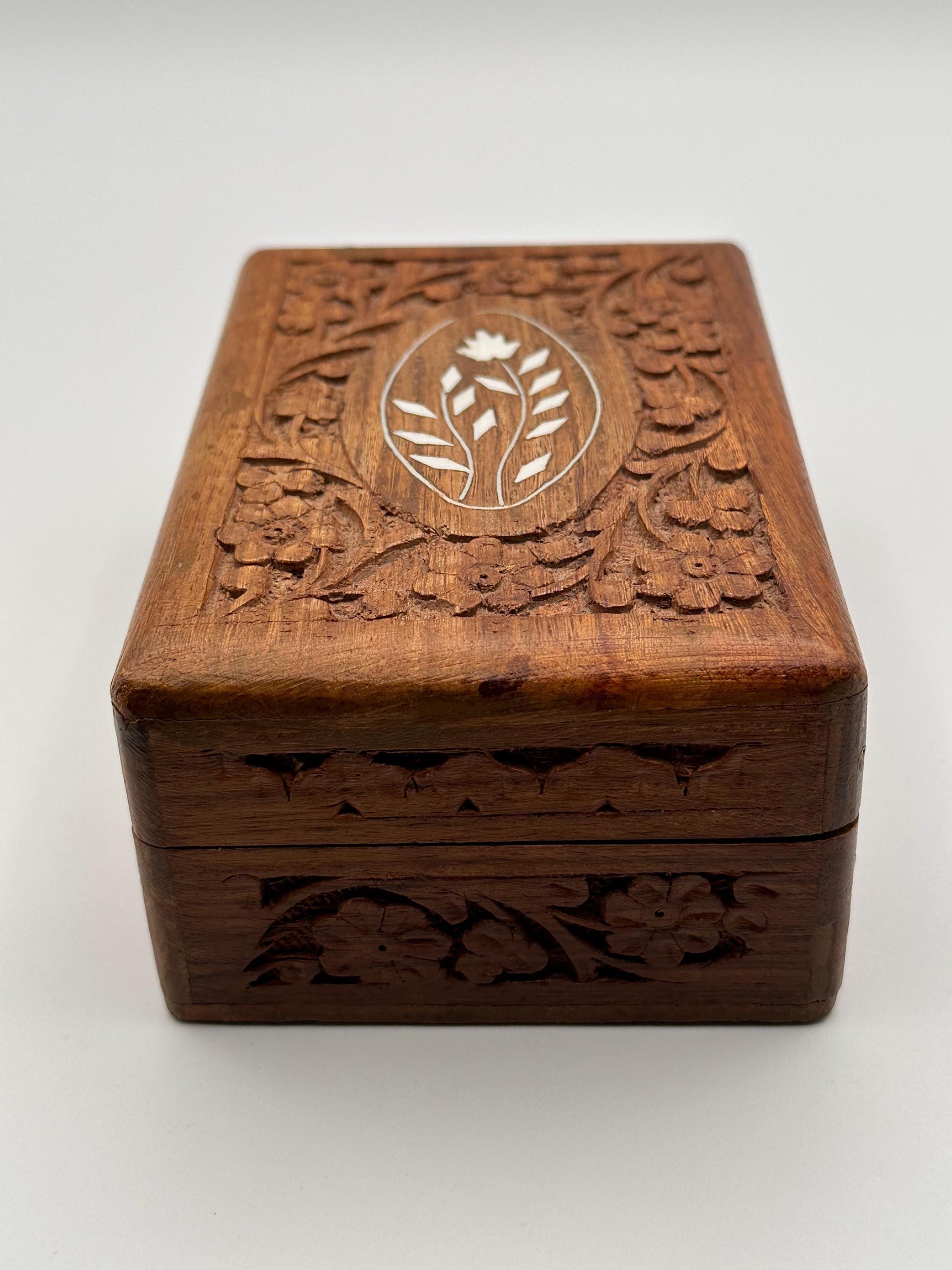 Hand Carved Wooden Jewelry Box | Vintage Indian Floral Trinket Keepsake Storage | Handmade Gift