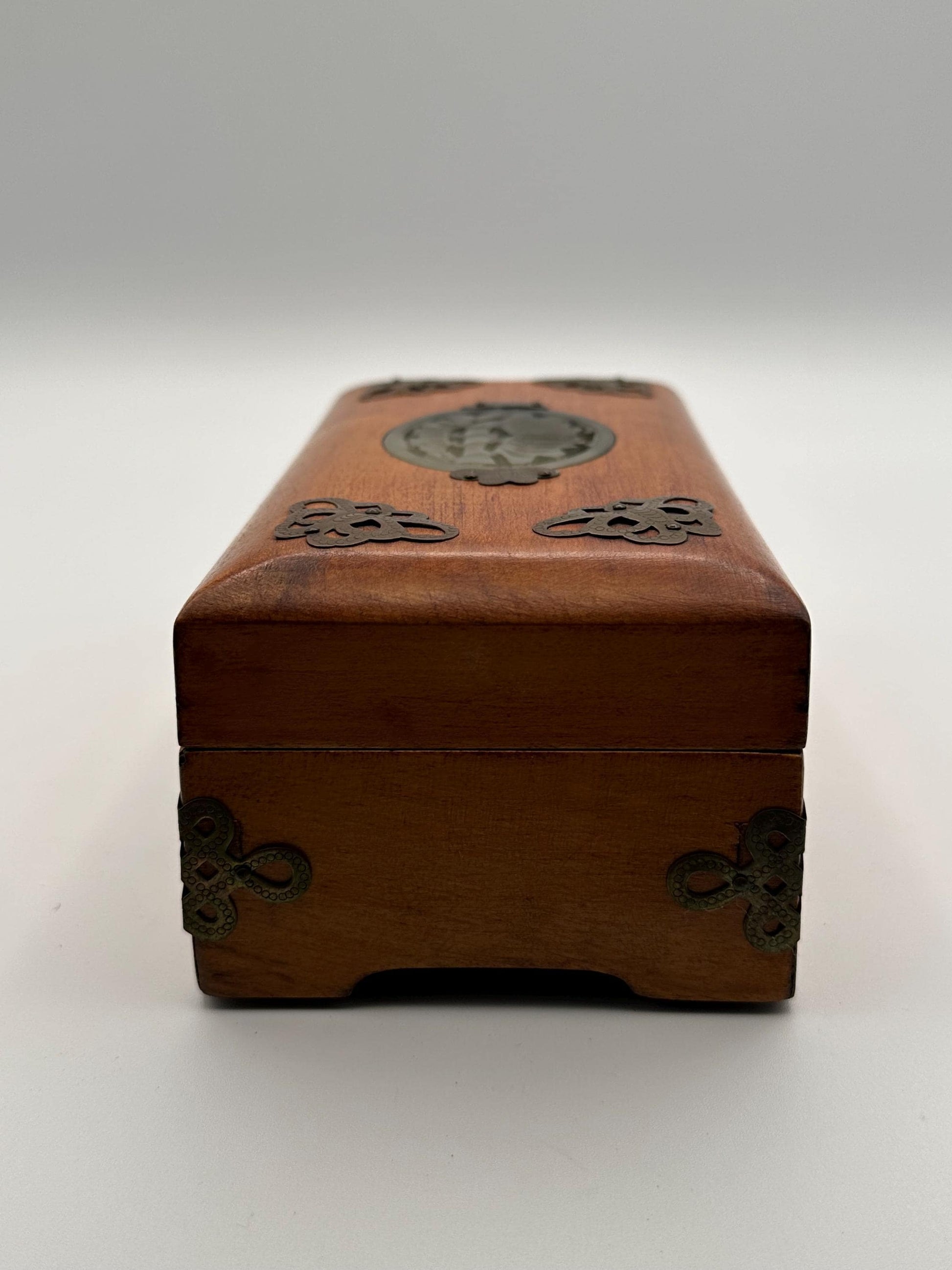 Vintage Wooden Jewelry Box Carved Stone Medallion Asian Style Decorative Keepsake Storage
