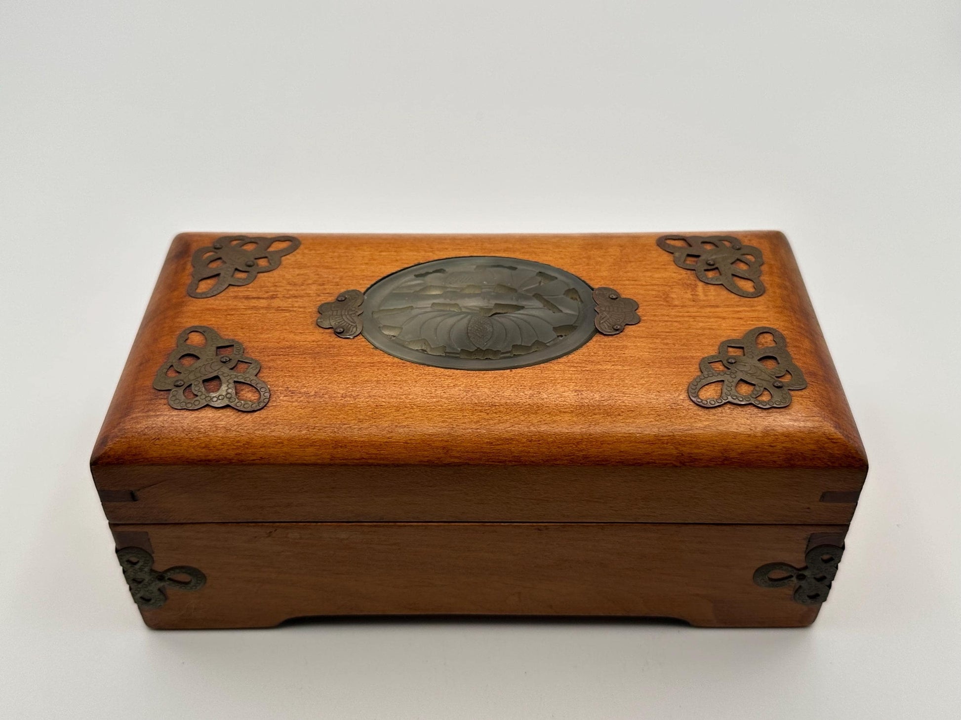 Vintage Wooden Jewelry Box Carved Stone Medallion Asian Style Decorative Keepsake Storage