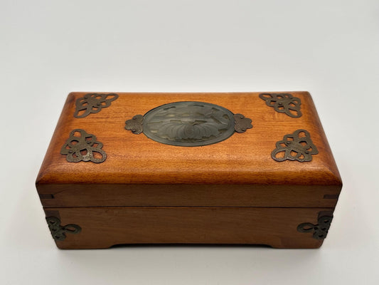 Vintage Wooden Jewelry Box Carved Stone Medallion Asian Style Decorative Keepsake Storage