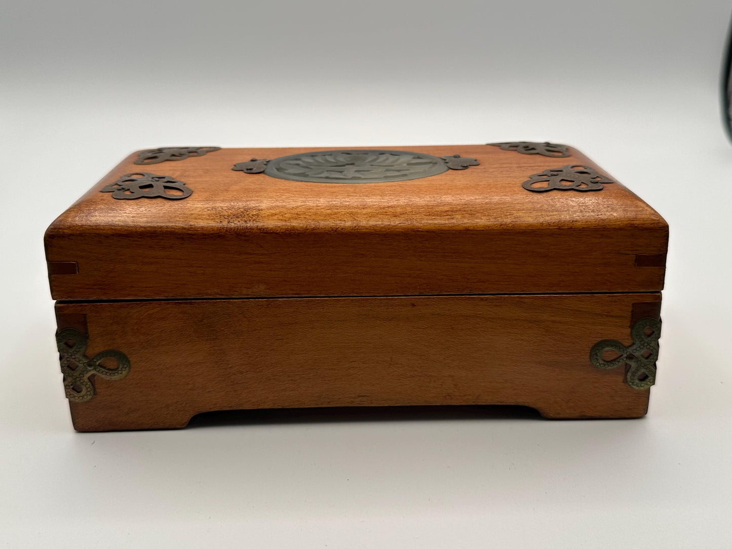 Vintage Wooden Jewelry Box Carved Stone Medallion Asian Style Decorative Keepsake Storage