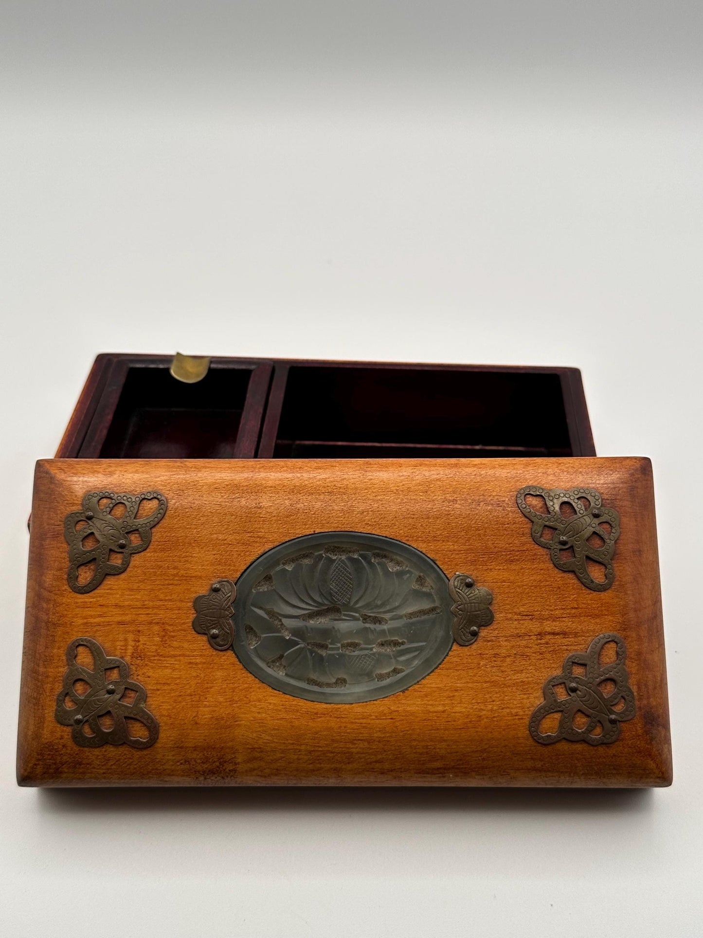 Vintage Wooden Jewelry Box Carved Stone Medallion Asian Style Decorative Keepsake Storage