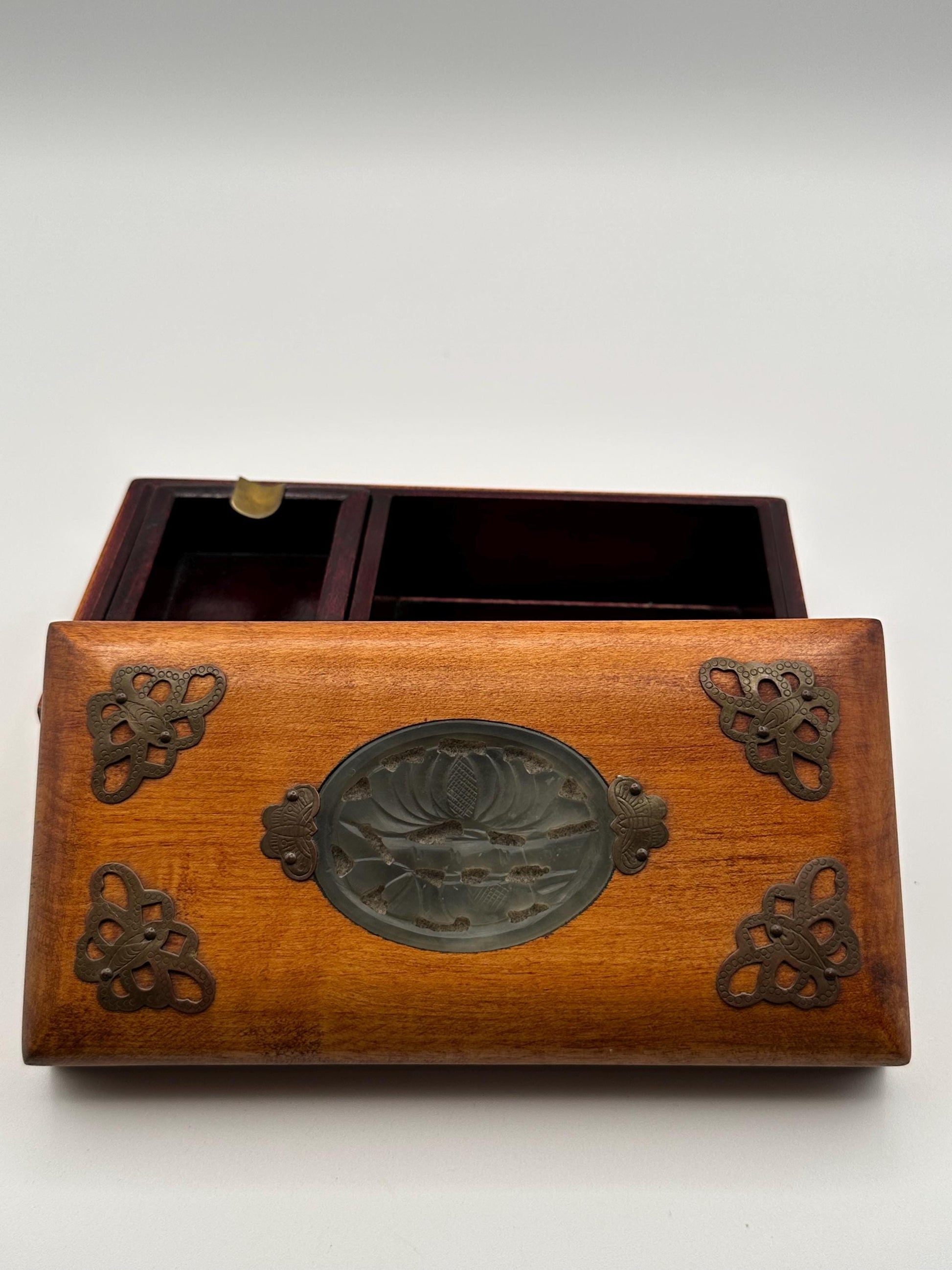 Vintage Wooden Jewelry Box Carved Stone Medallion Asian Style Decorative Keepsake Storage