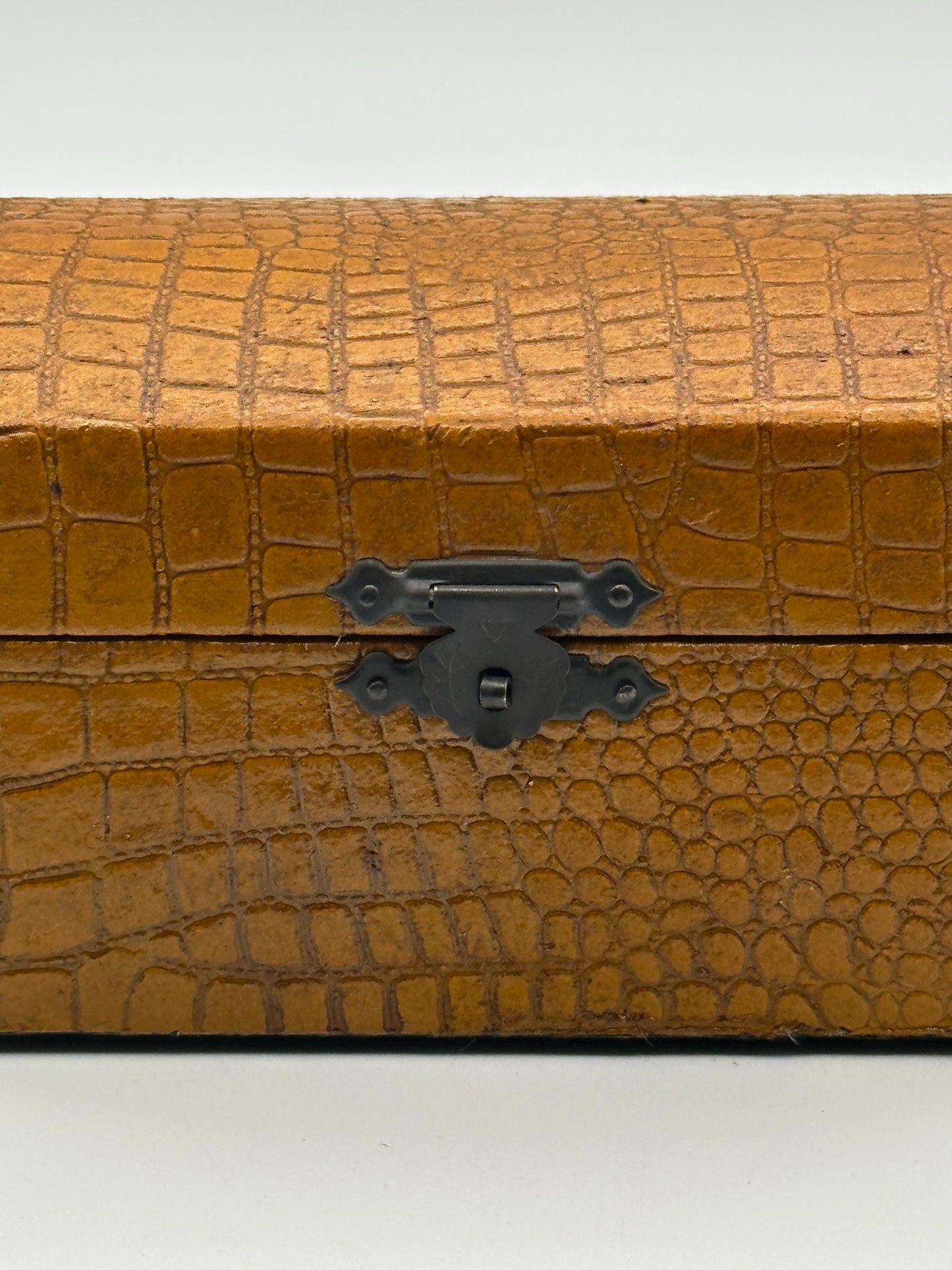 Vintage Faux Alligator Jewelry Box | Crocodile Embossed Keepsake Storage Chest | Brown Arched Decor