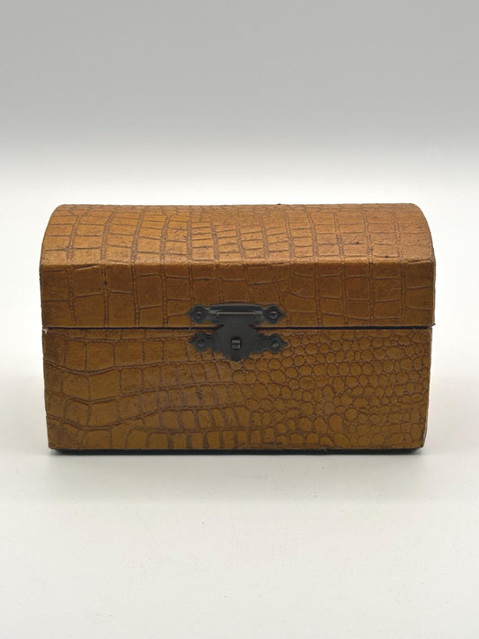 Vintage Faux Alligator Jewelry Box | Crocodile Embossed Keepsake Storage Chest | Brown Arched Decor