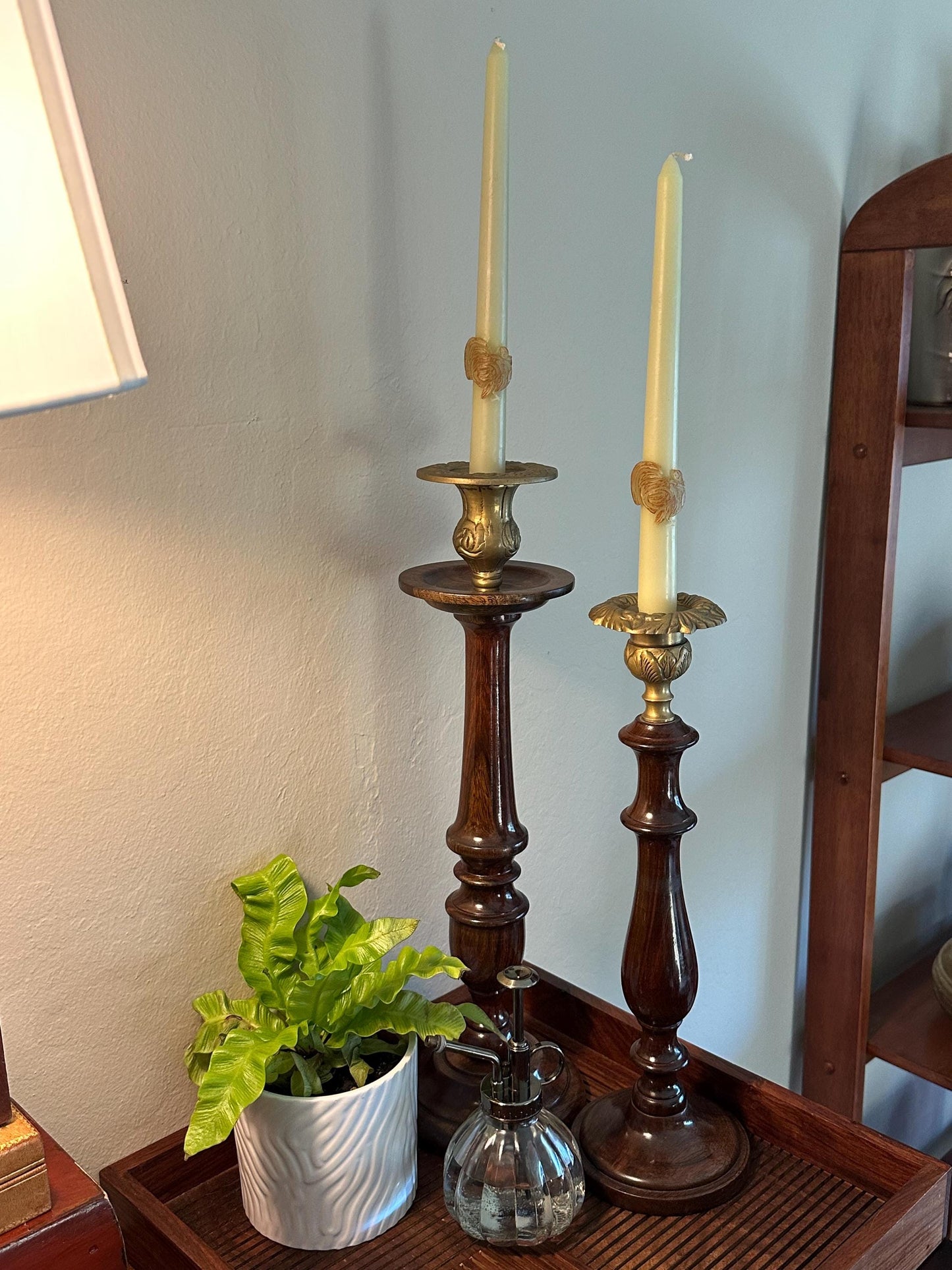 Vintage Tall Wooden Candlesticks with Brass Tops - Elegant Pair of Turned Taper Holders for Farmhouse Decor