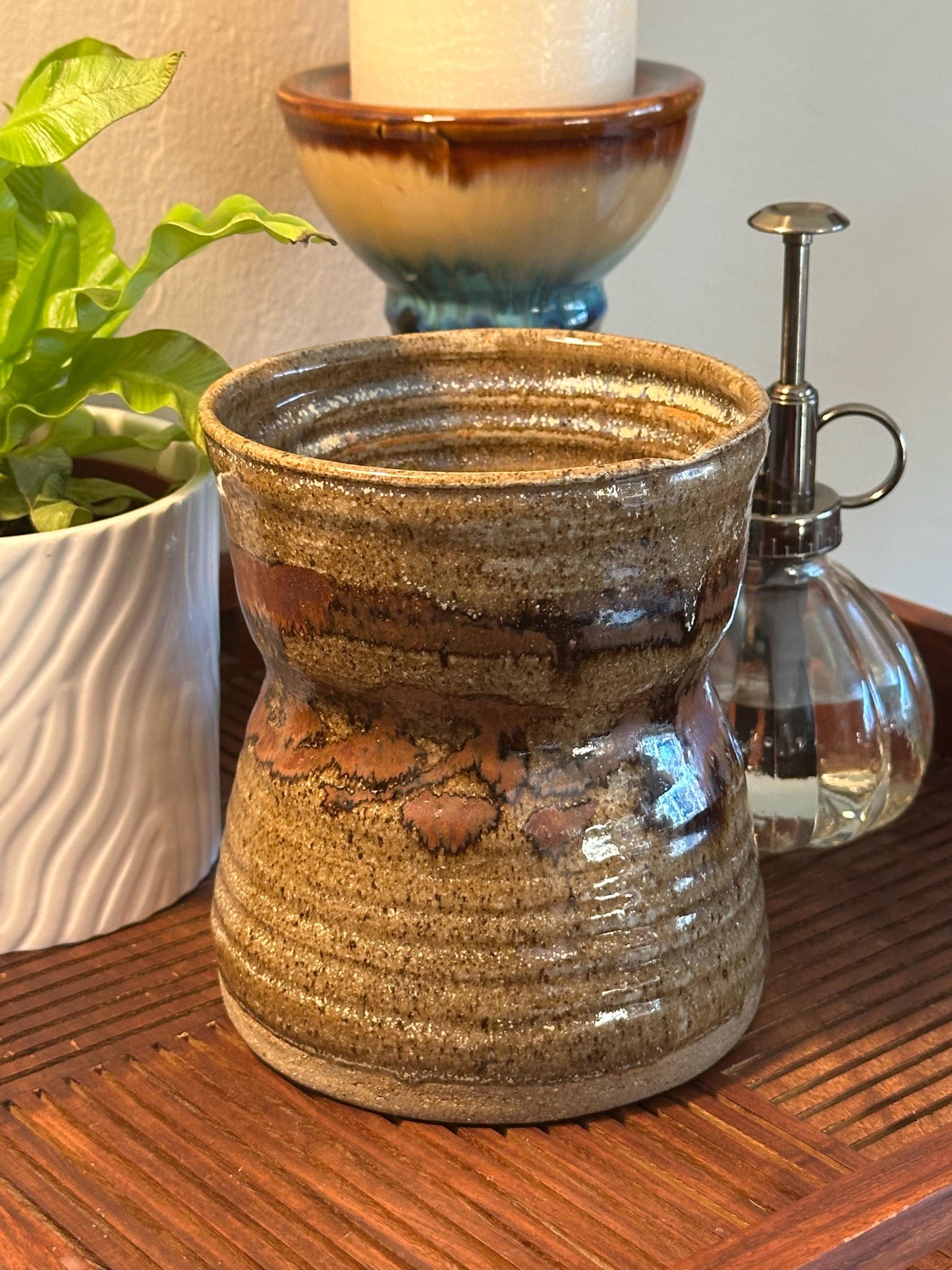 Artisanal Rustic Pottery Vase: Earthy Brown & Red Glazed Ceramic Stoneware for Home Decor