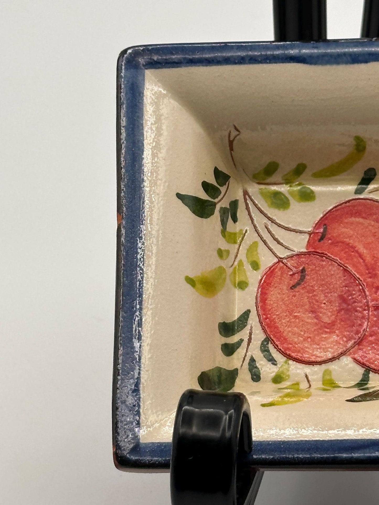 Hand-Painted Square Mexican Folk Art Ceramic Dish with Red Fruit Design - Artisan Pottery