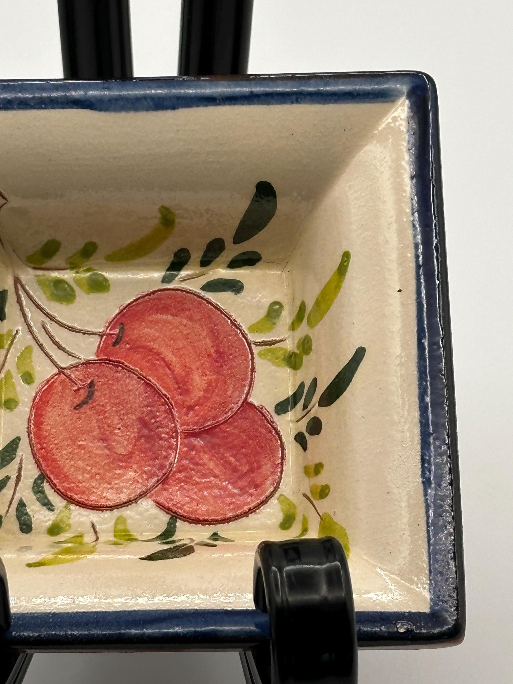 Hand-Painted Square Mexican Folk Art Ceramic Dish with Red Fruit Design - Artisan Pottery