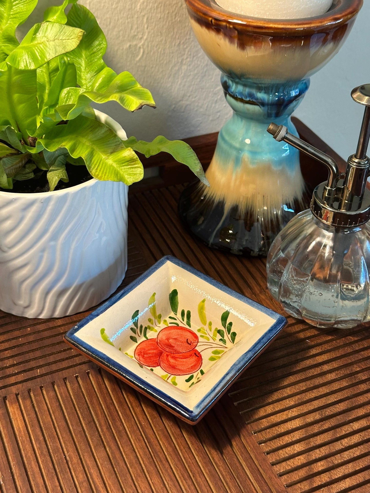 Hand-Painted Square Mexican Folk Art Ceramic Dish with Red Fruit Design - Artisan Pottery