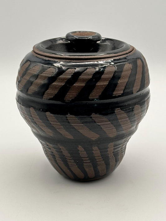 Artisan-Signed Rustic Stoneware Jar: Brown & Black Striped Pottery Vessel with Lid