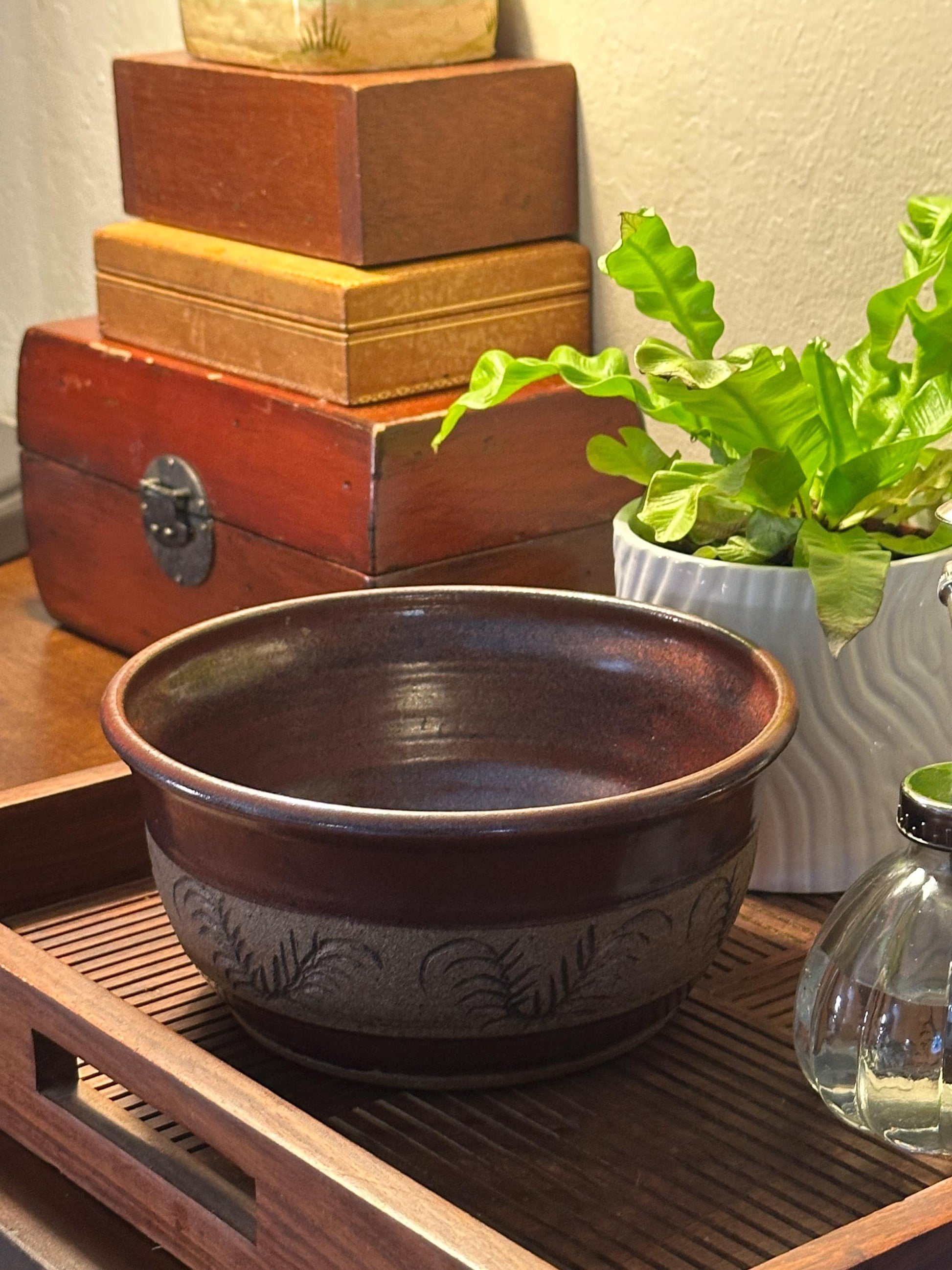 Rustic Stoneware Pottery Bowl - Handmade Ceramic Dish with Leaf Motif by Mountain Mud