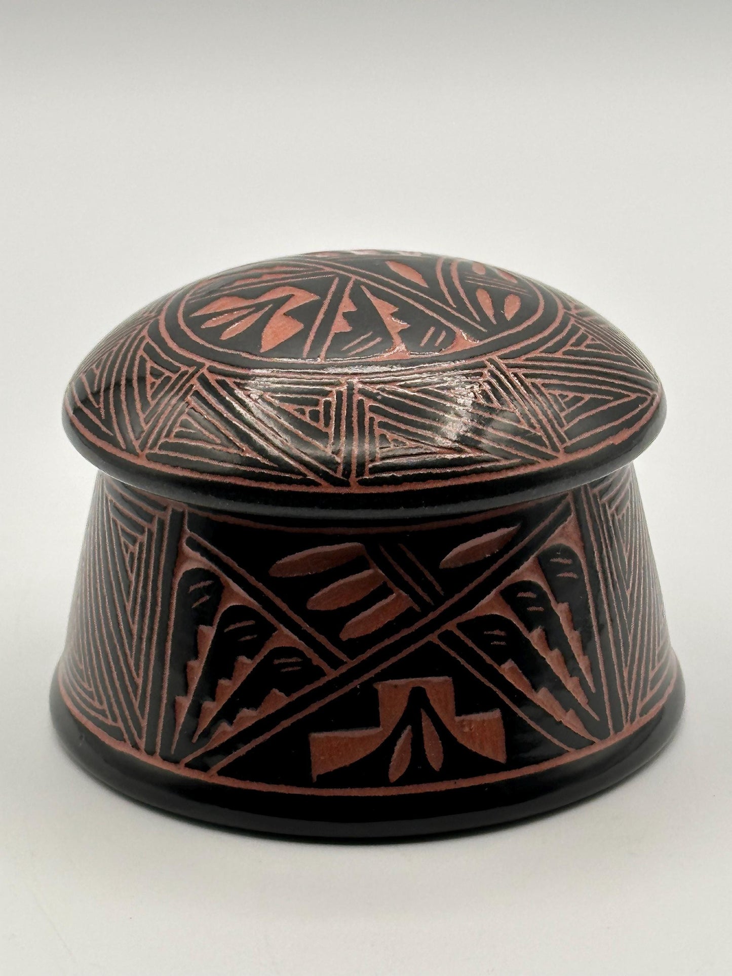 Artisan-Signed Geometric Pottery Jar with Lid - Tribal-Inspired Handcrafted Ceramic Container