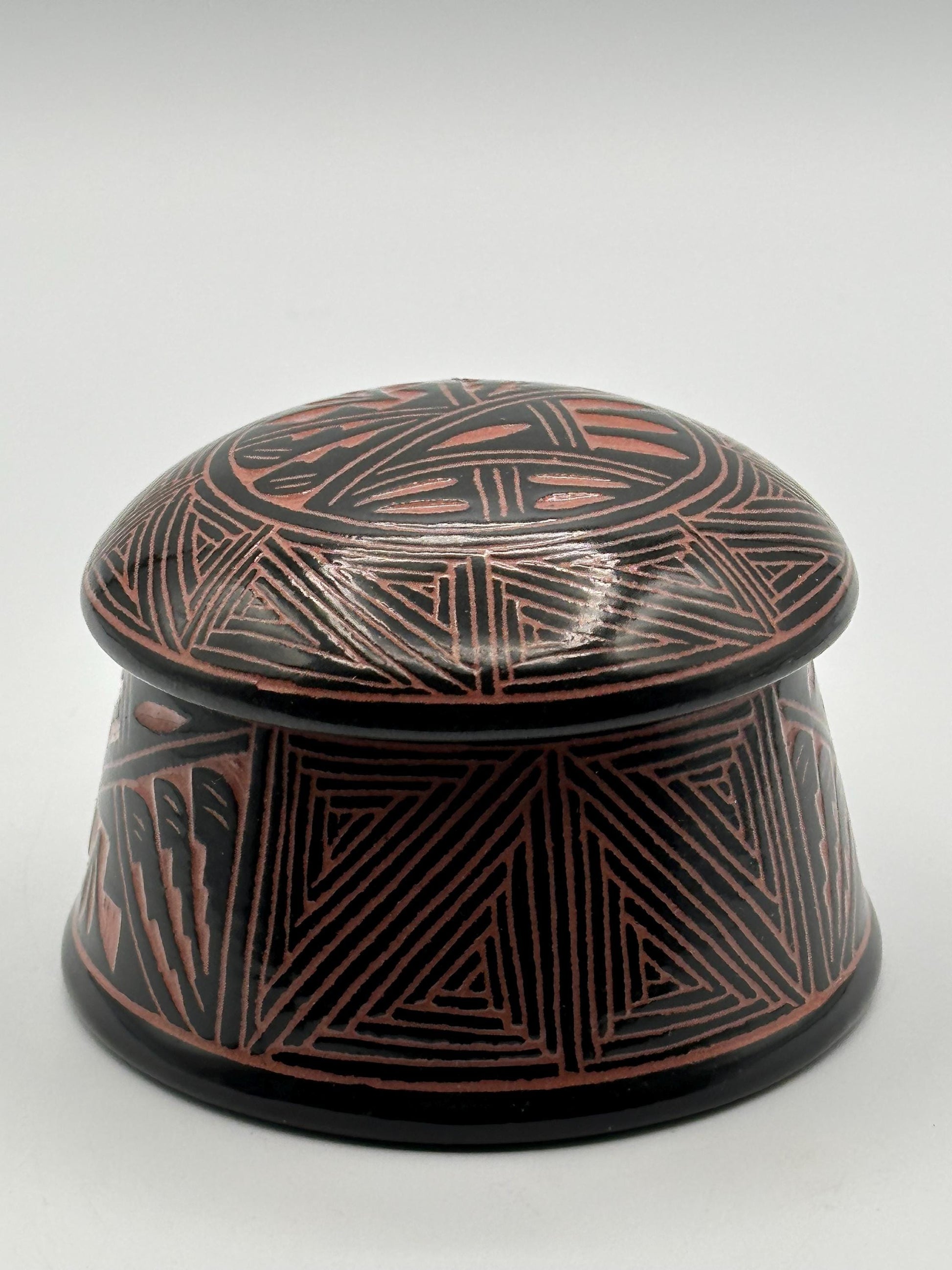 Artisan-Signed Geometric Pottery Jar with Lid - Tribal-Inspired Handcrafted Ceramic Container