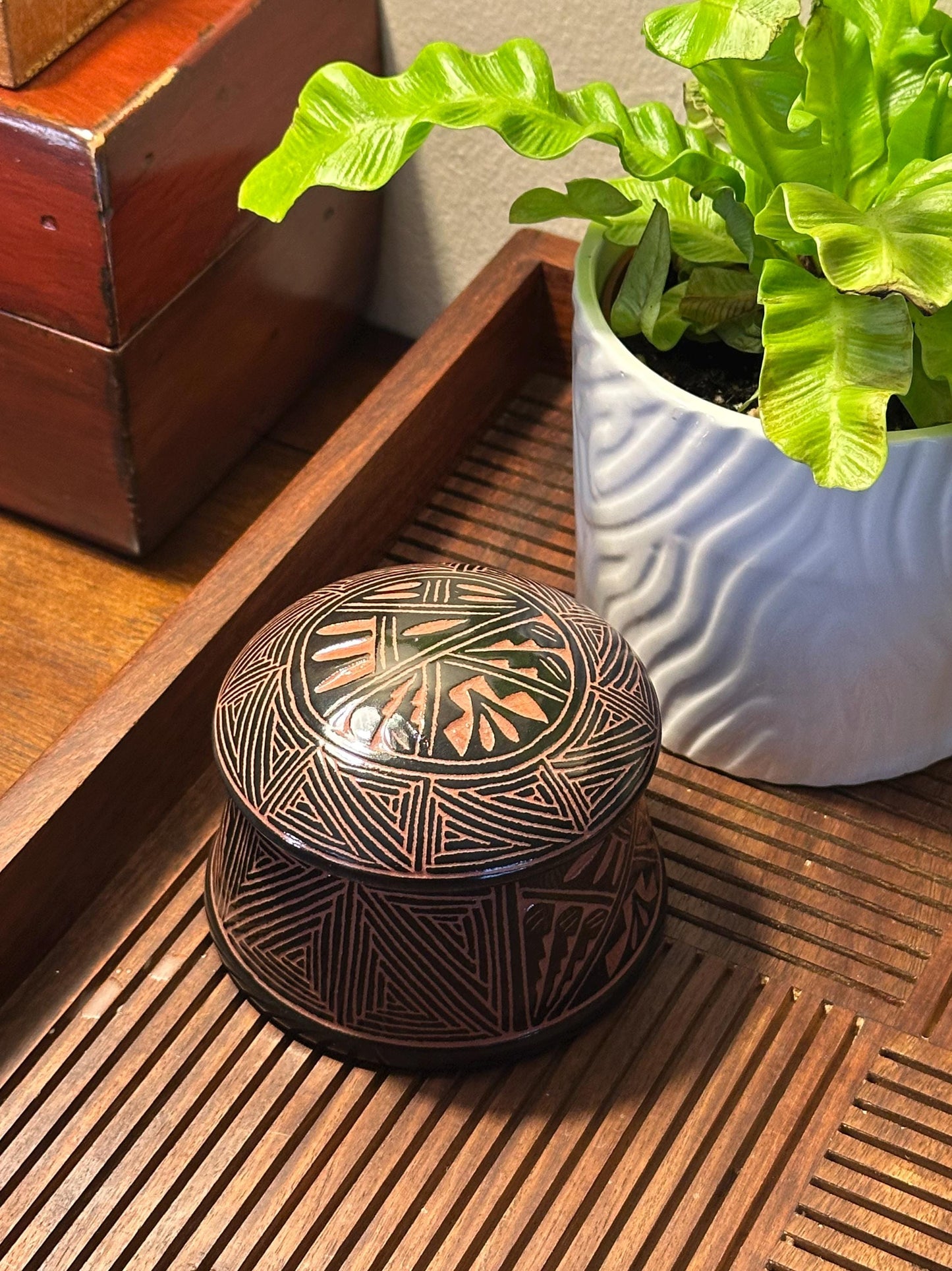 Artisan-Signed Geometric Pottery Jar with Lid - Tribal-Inspired Handcrafted Ceramic Container