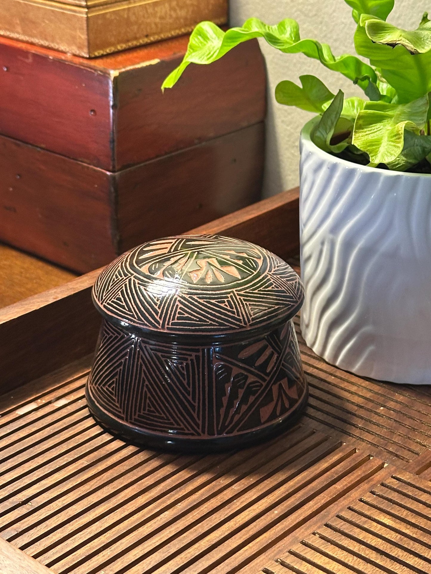 Artisan-Signed Geometric Pottery Jar with Lid - Tribal-Inspired Handcrafted Ceramic Container