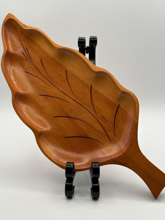 Vintage Hand Carved Wooden Leaf Bowl Mid Century Modern Rustic Organic Serving Display Decor