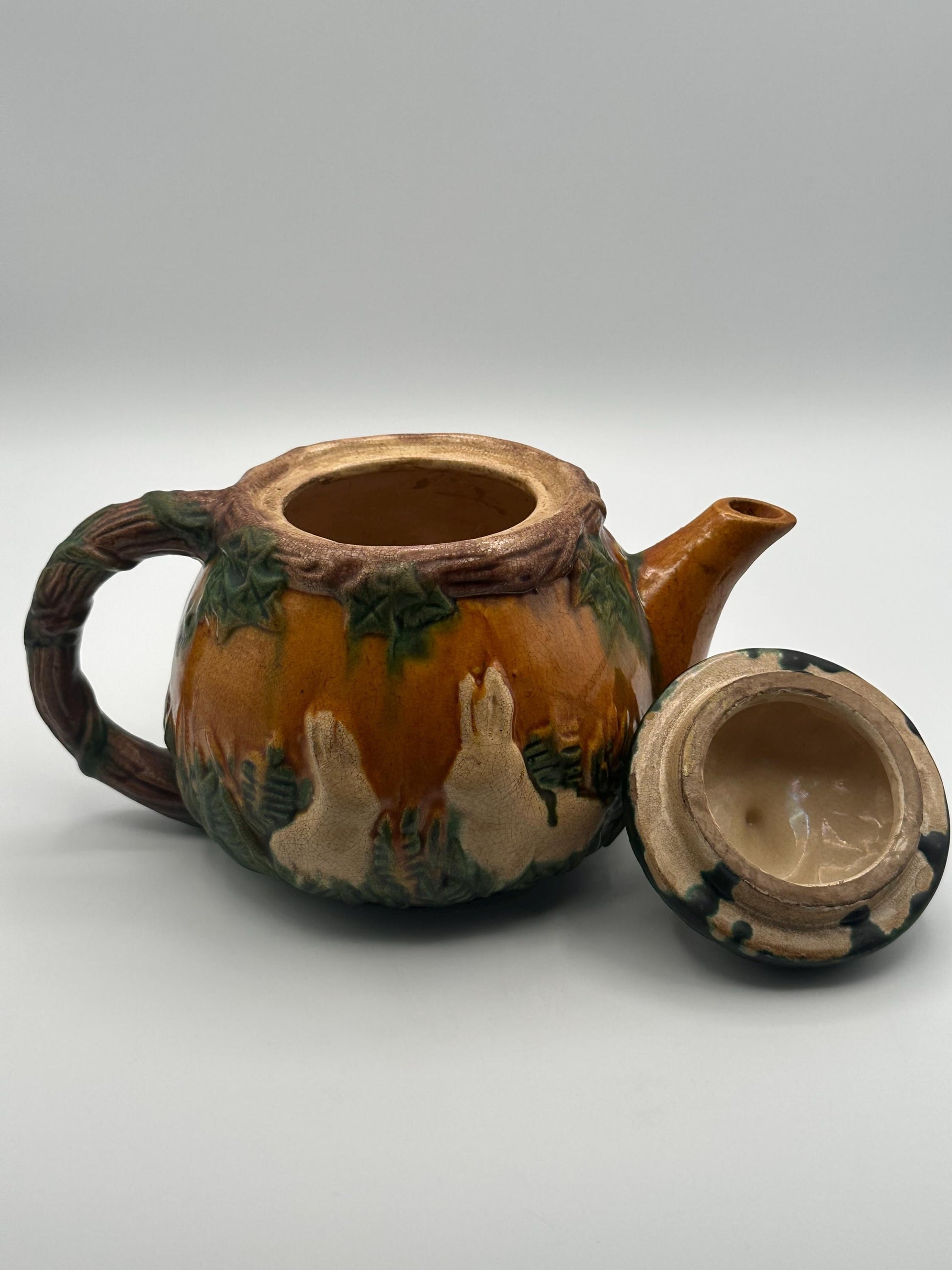 Vintage Art Nouveau Majolica Teapot Woodland Tree Leaf Design Antique Decorative Kitchen Decor