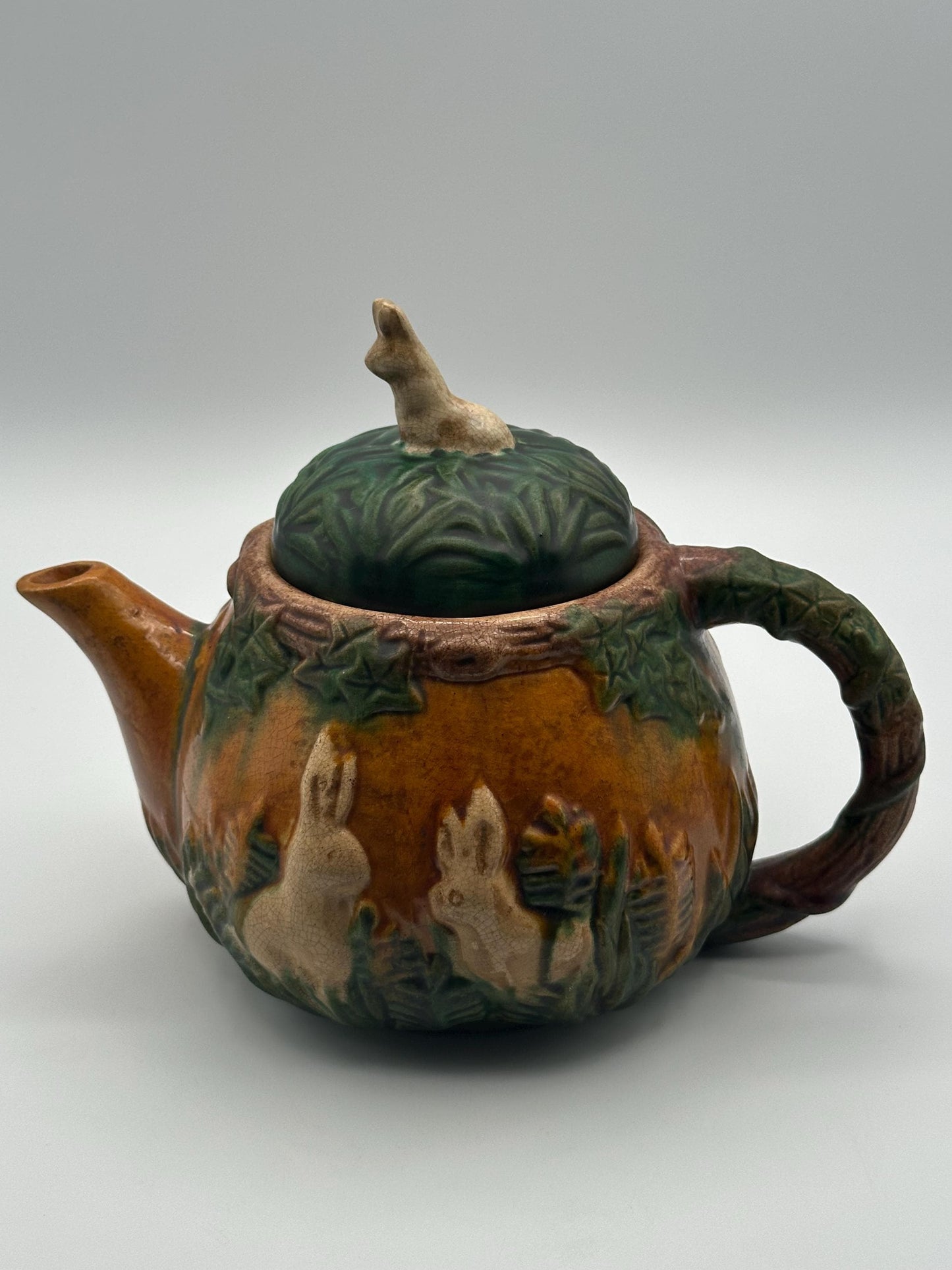 Vintage Art Nouveau Majolica Teapot Woodland Tree Leaf Design Antique Decorative Kitchen Decor