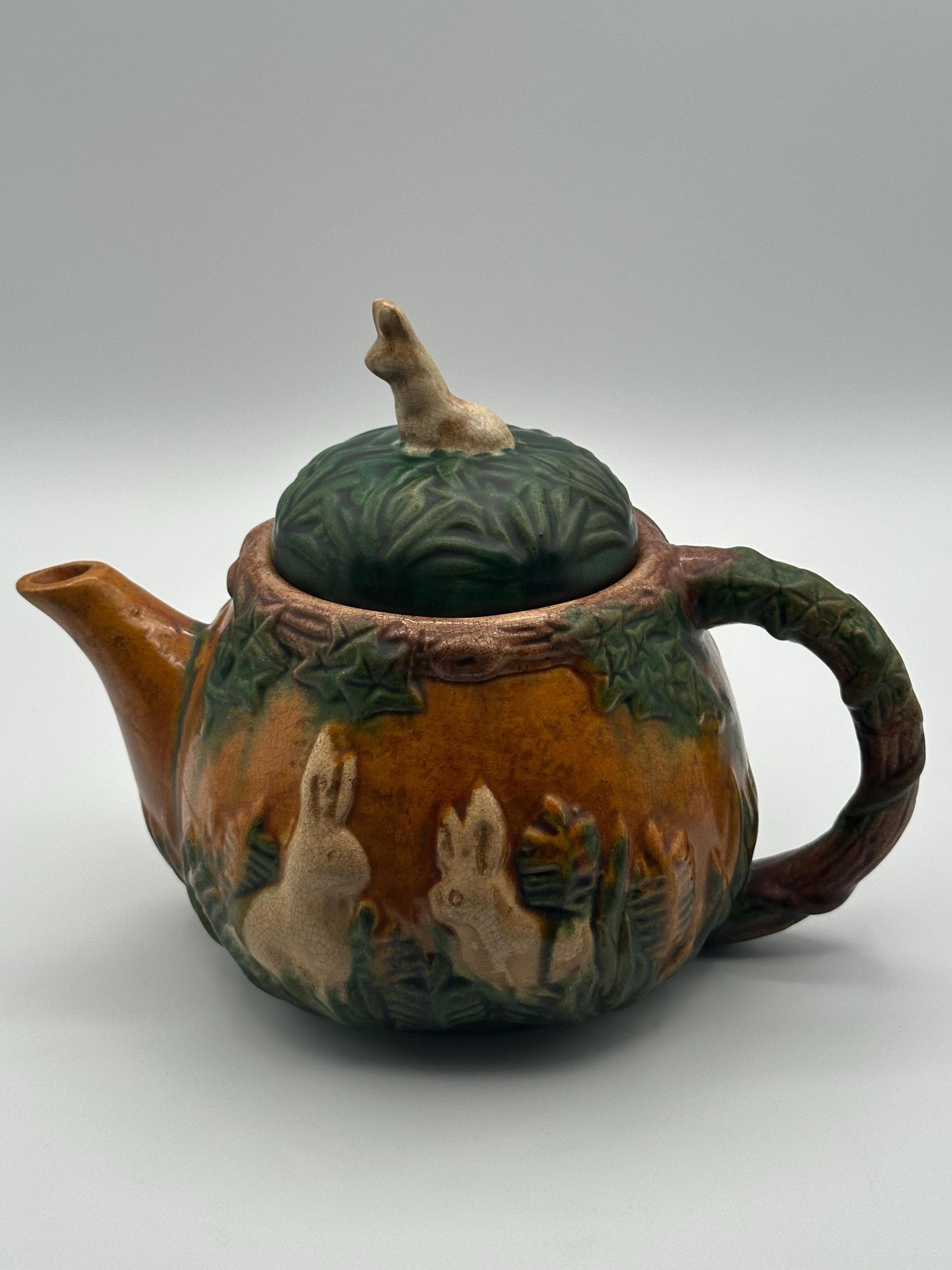 Vintage Art Nouveau Majolica Teapot Woodland Tree Leaf Design Antique Decorative Kitchen Decor