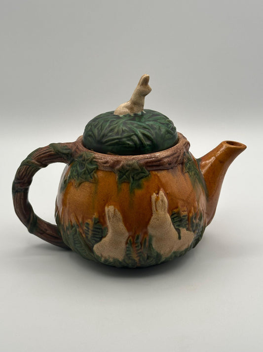 Vintage Art Nouveau Majolica Teapot Woodland Tree Leaf Design Antique Decorative Kitchen Decor