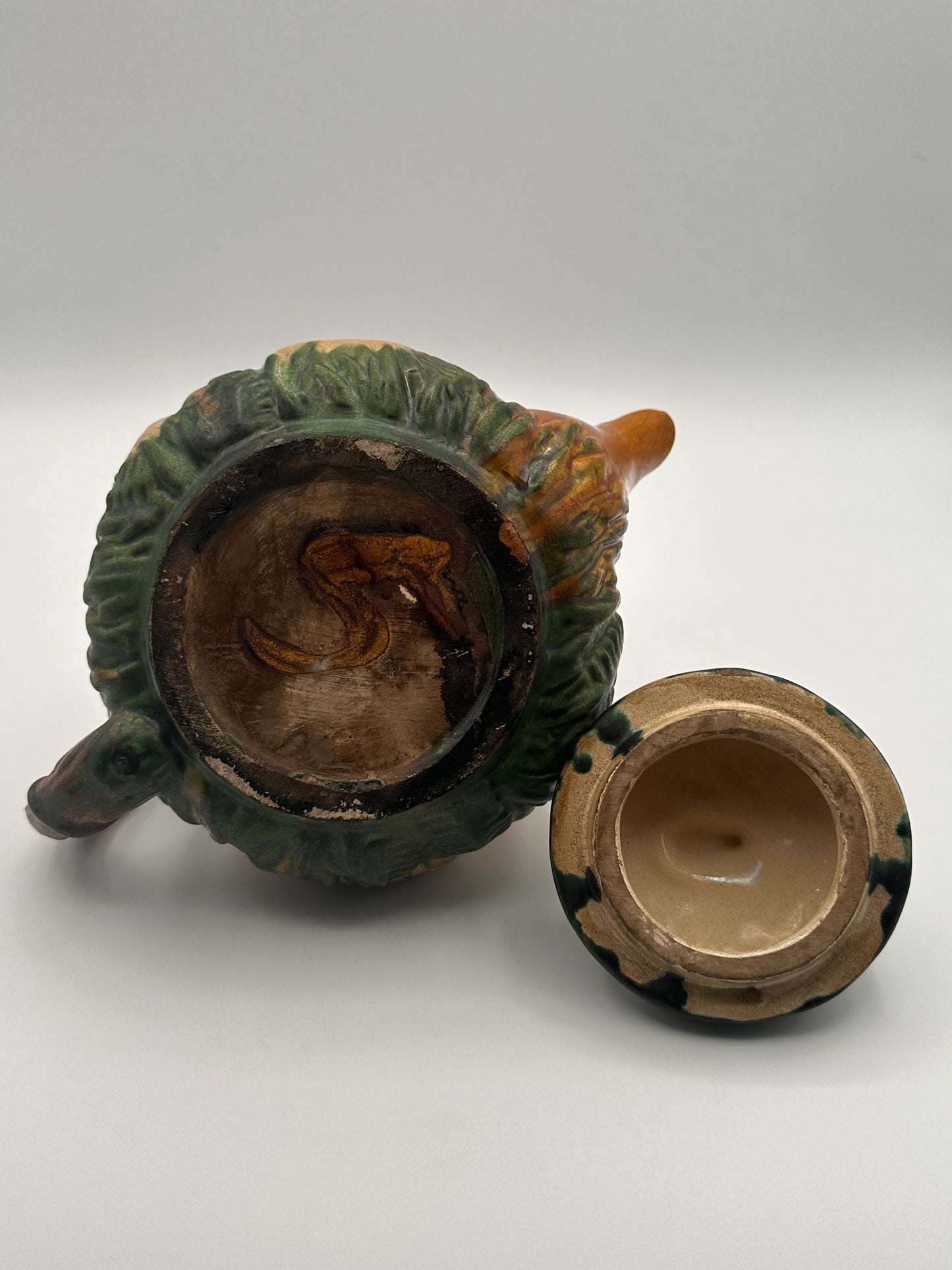 Vintage Art Nouveau Majolica Teapot Woodland Tree Leaf Design Antique Decorative Kitchen Decor