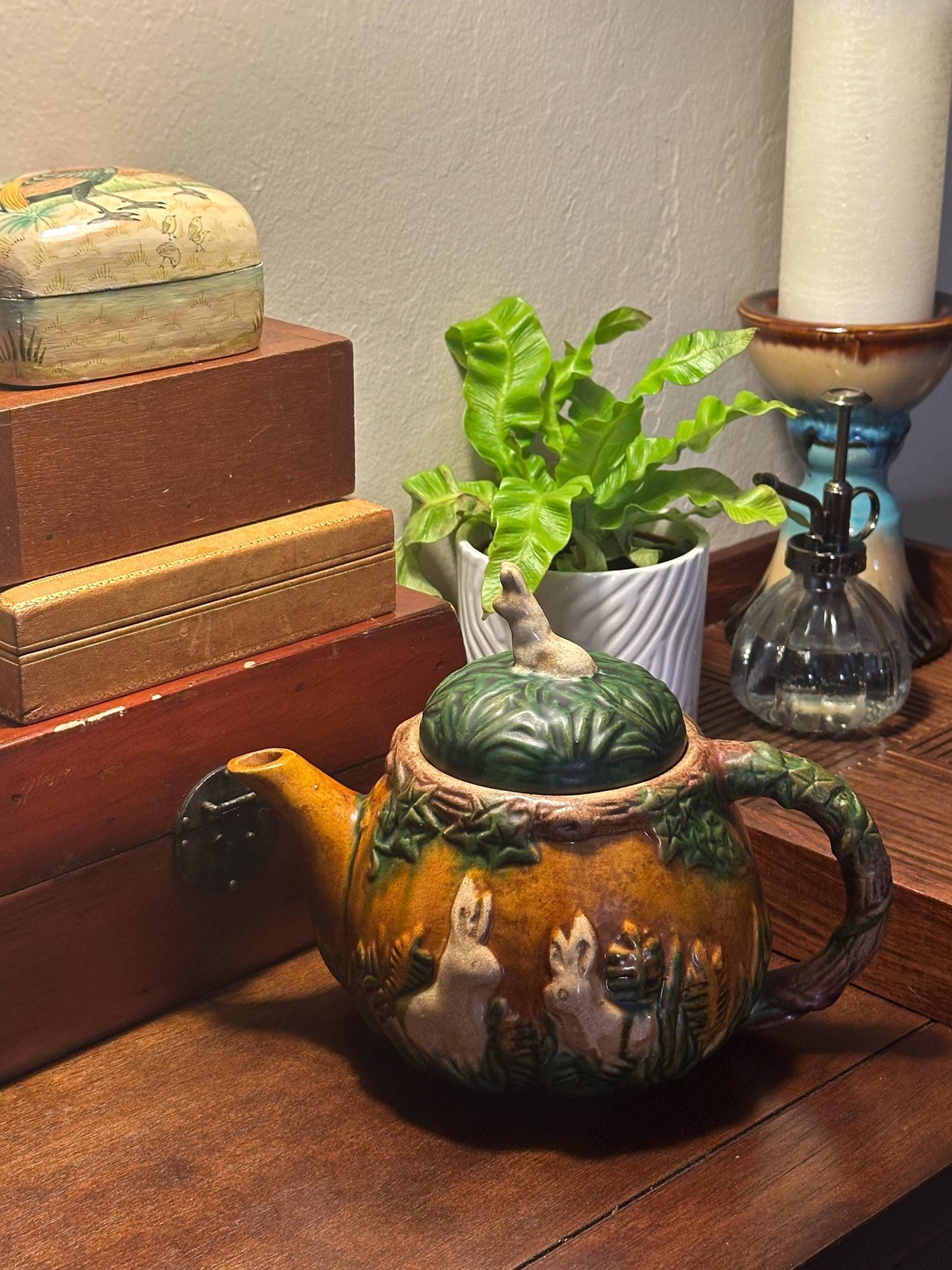 Vintage Art Nouveau Majolica Teapot Woodland Tree Leaf Design Antique Decorative Kitchen Decor