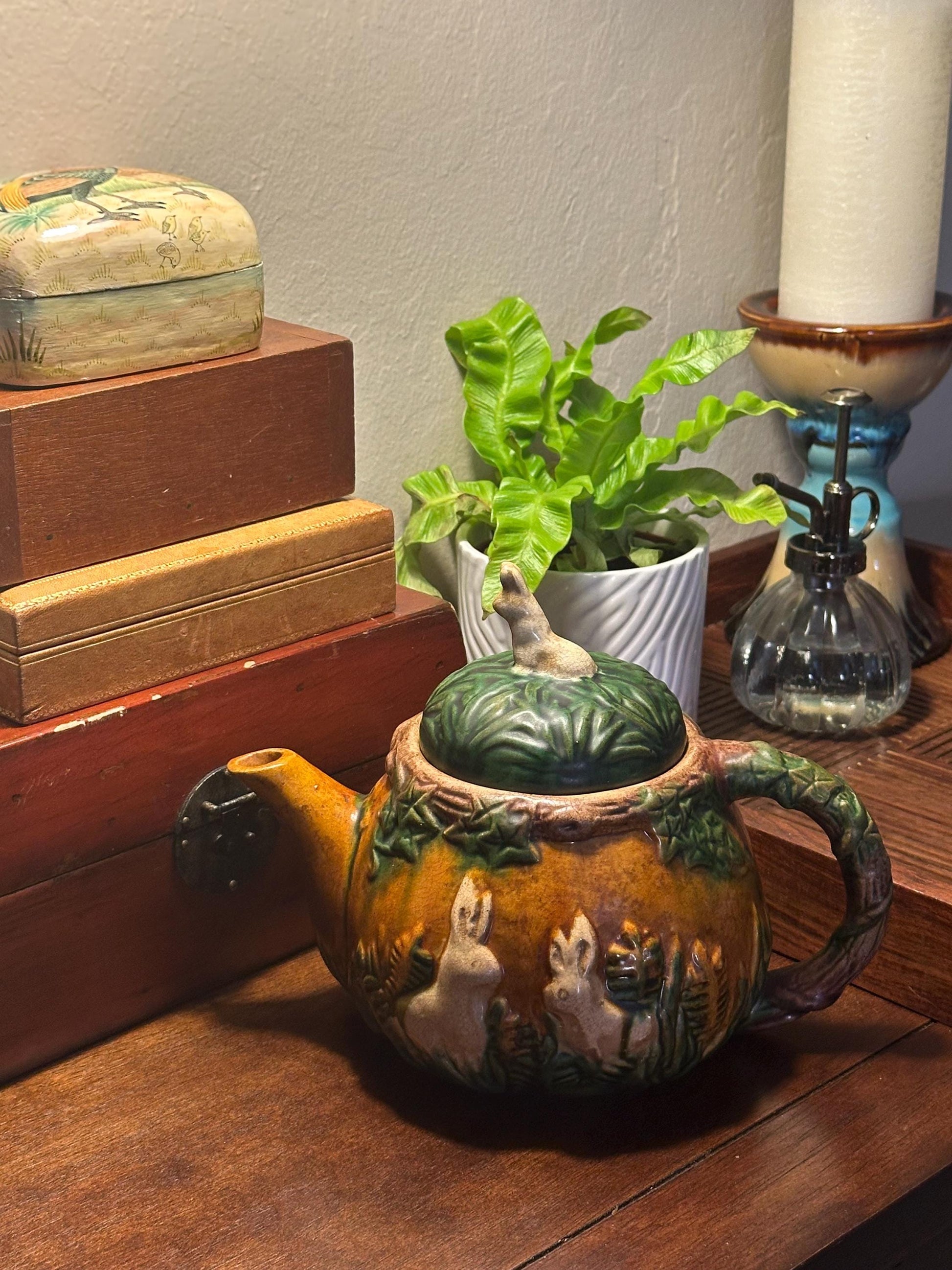 Vintage Art Nouveau Majolica Teapot Woodland Tree Leaf Design Antique Decorative Kitchen Decor