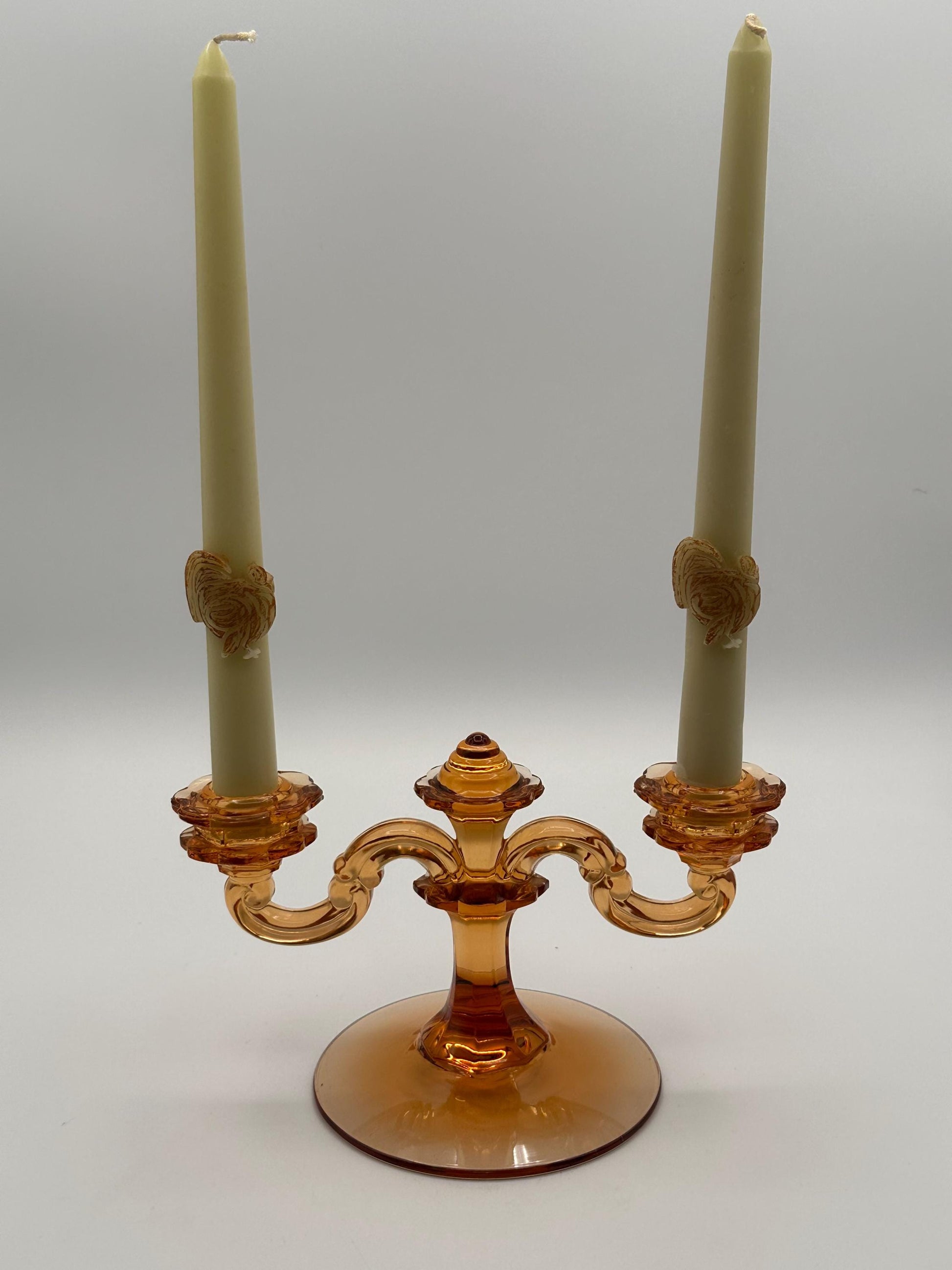 Vintage Amber Glass Double Candelabra Mid Century Pressed Two Arm Candle Holder Art Deco Style Home Decor