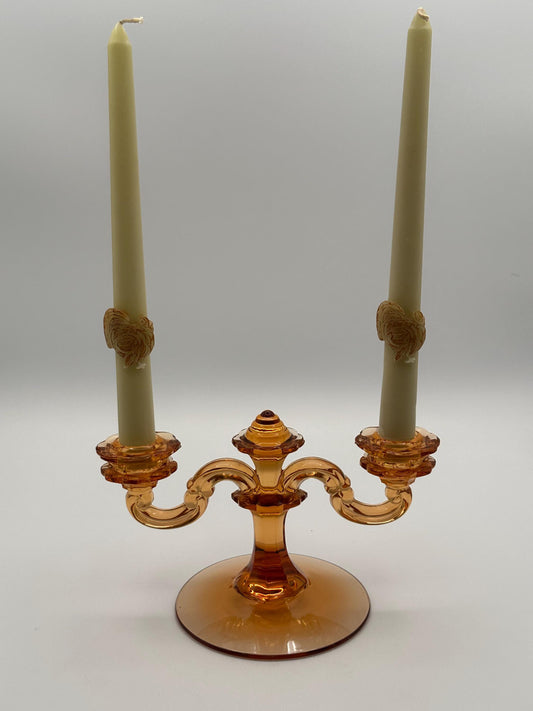 Vintage Amber Glass Double Candelabra Mid Century Pressed Two Arm Candle Holder Art Deco Style Home Decor