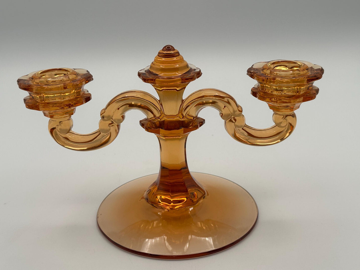 Vintage Amber Glass Double Candelabra Mid Century Pressed Two Arm Candle Holder Art Deco Style Home Decor