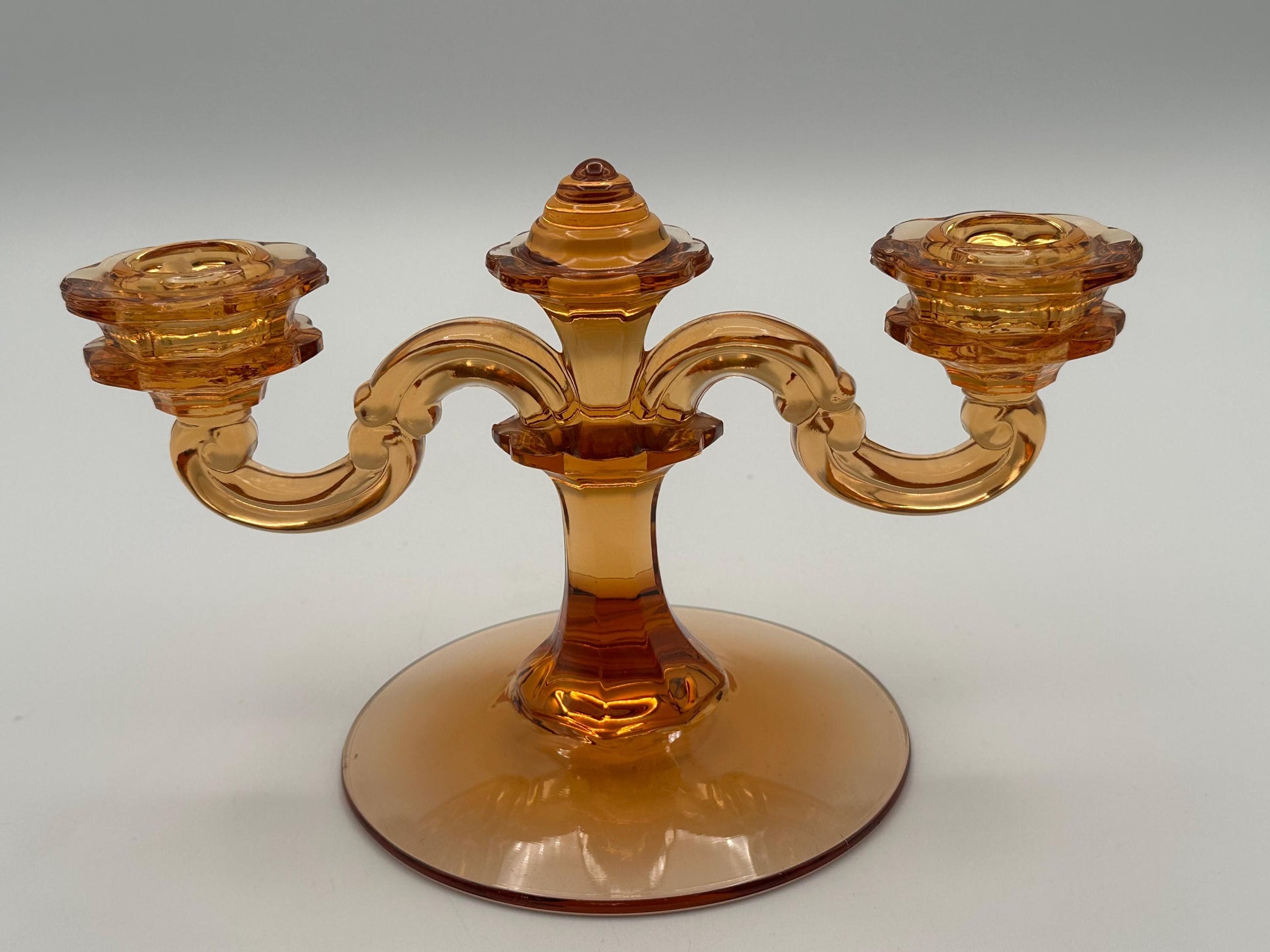 Vintage Amber Glass Double Candelabra Mid Century Pressed Two Arm Candle Holder Art Deco Style Home Decor