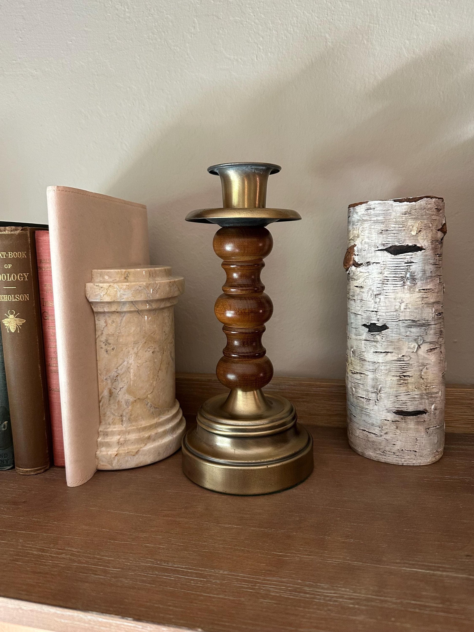 Vintage Brass Wood Candlestick Holder Traditional Taper Candle Classic Rustic Home Decor Single