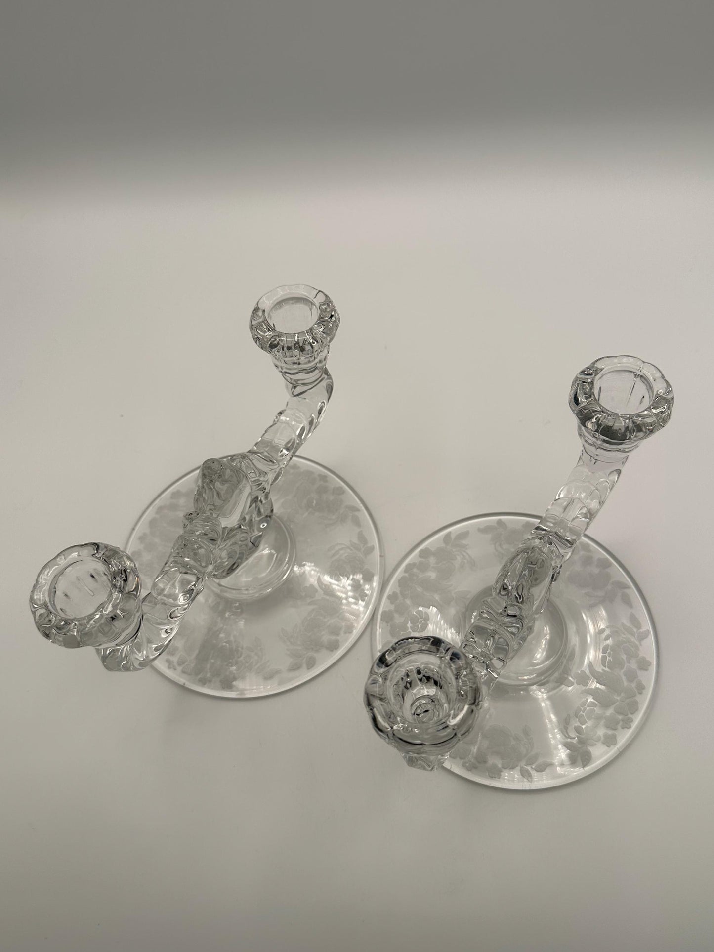 Vintage New Martinsville Teardrop Clear Double Light Candlestick Holders Set Etched Base Classic Decor