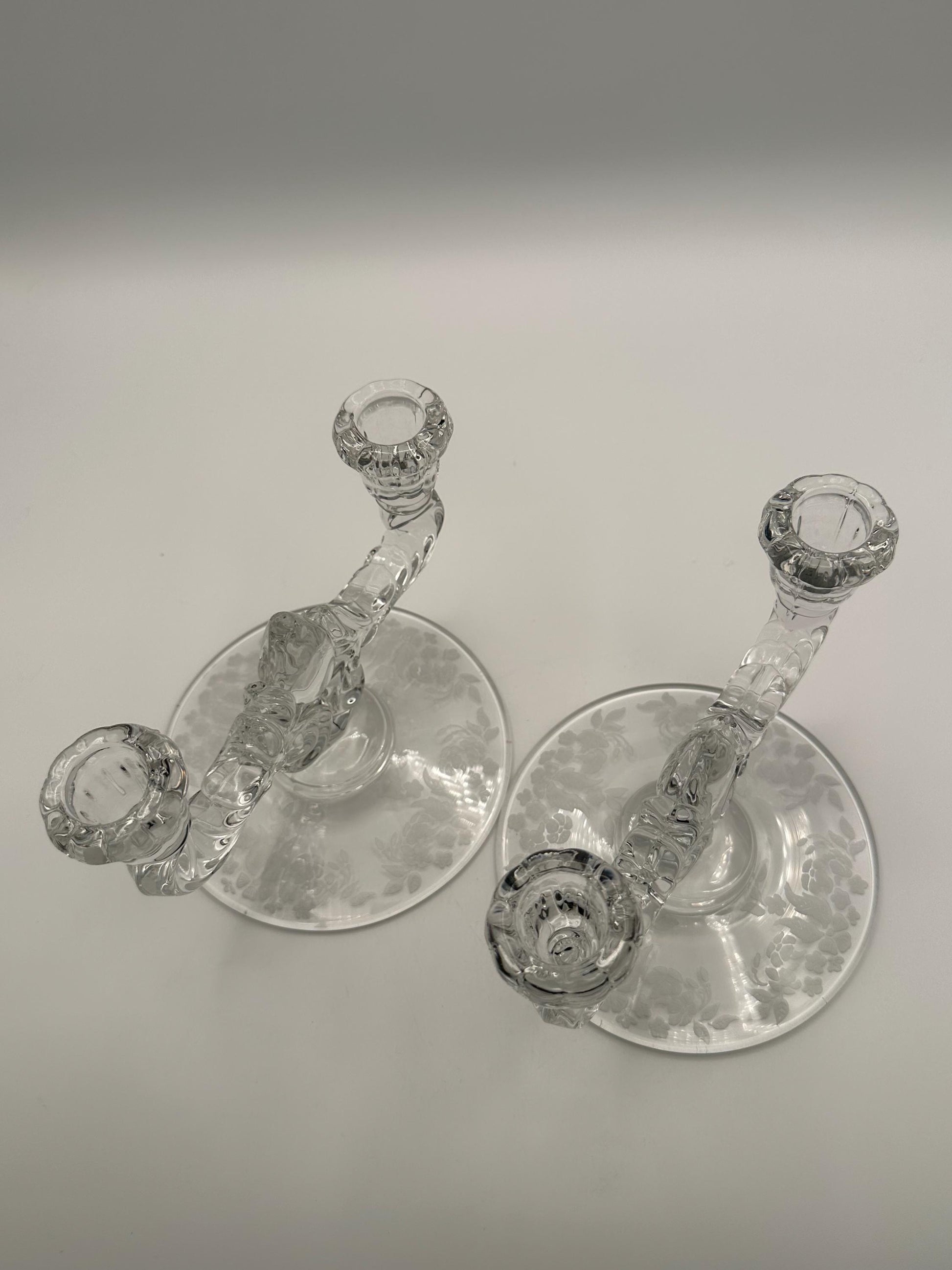 Vintage New Martinsville Teardrop Clear Double Light Candlestick Holders Set Etched Base Classic Decor