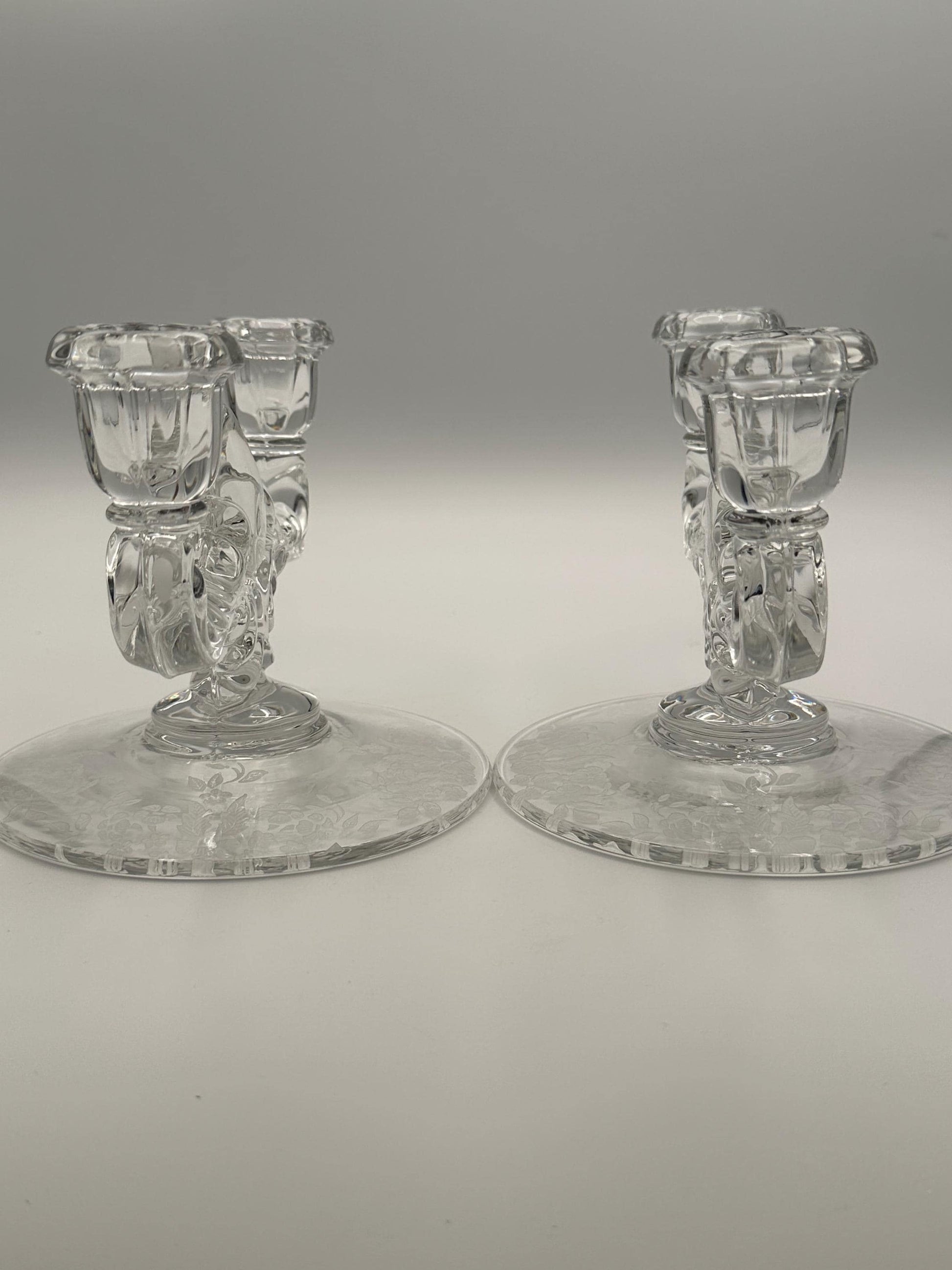 Vintage New Martinsville Teardrop Clear Double Light Candlestick Holders Set Etched Base Classic Decor