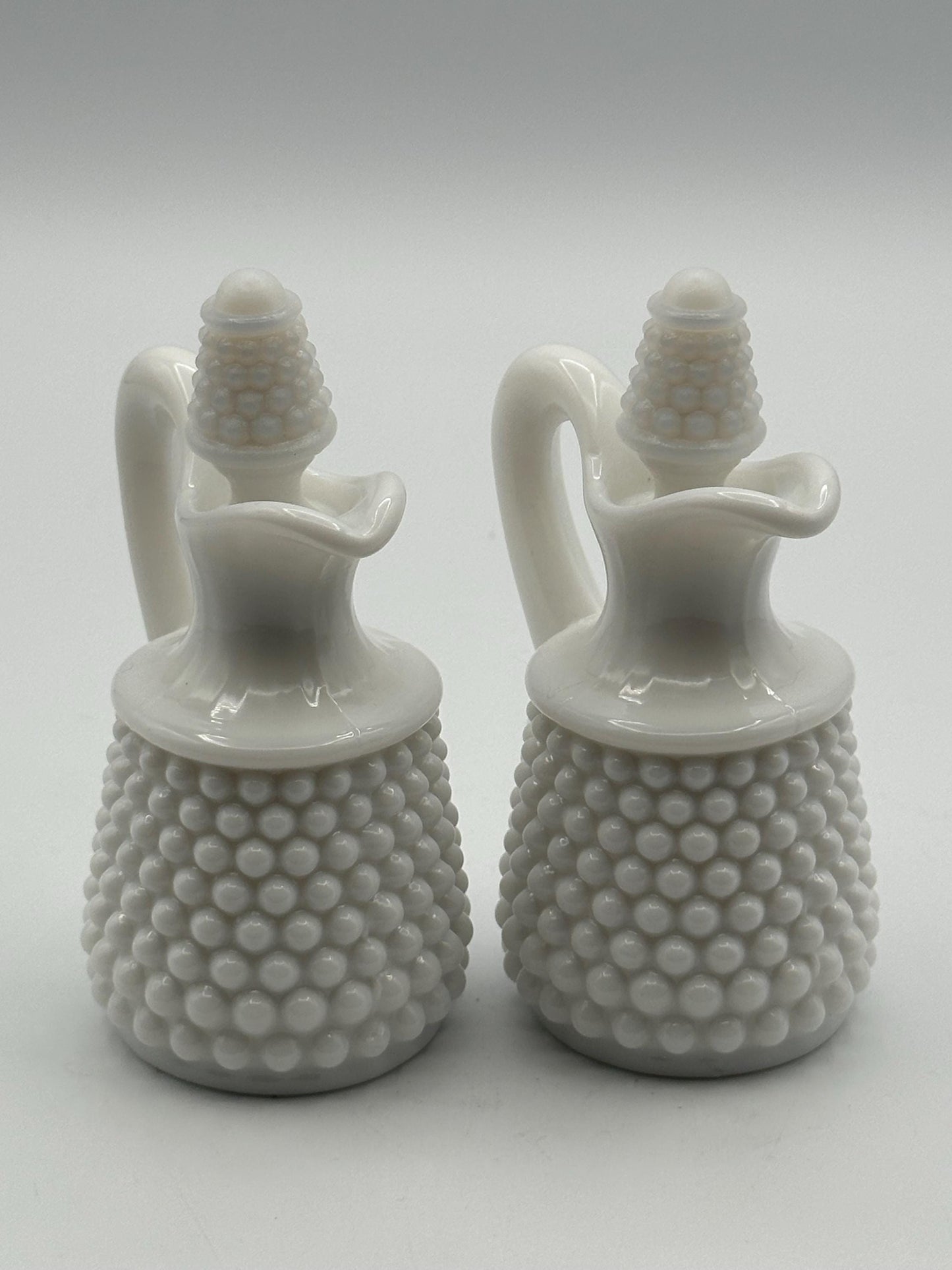 Vintage Milk Glass Hobnail Cruet Set - Oil Vinegar Bottles with Corn Stoppers White Kitchen Serving Pair