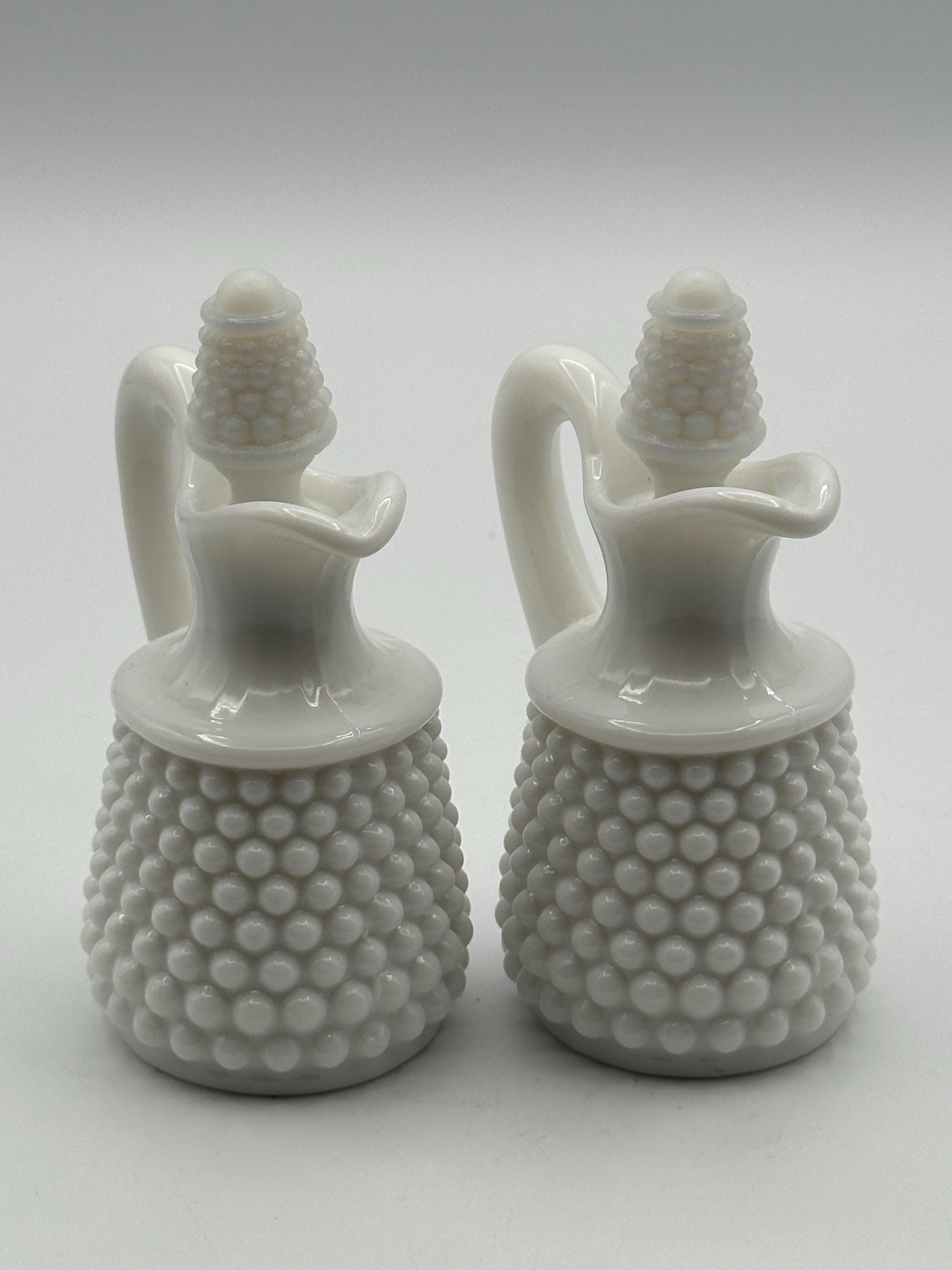 Vintage Milk Glass Hobnail Cruet Set - Oil Vinegar Bottles with Corn Stoppers White Kitchen Serving Pair